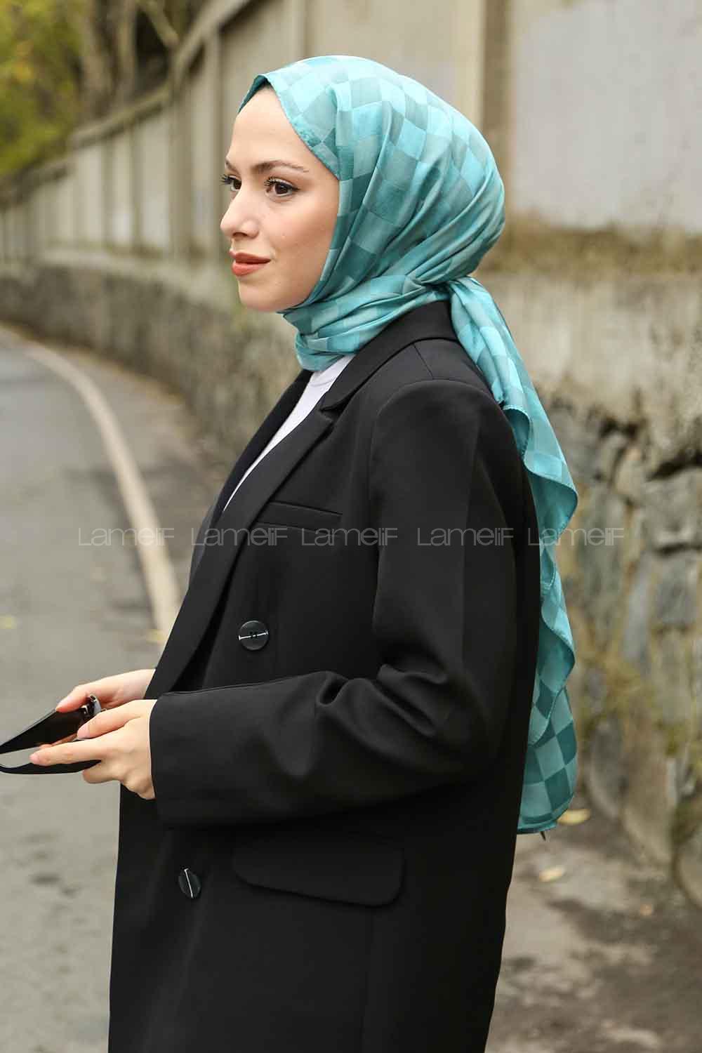 Lamelif Dama Desen Jakar Şal Turkuaz