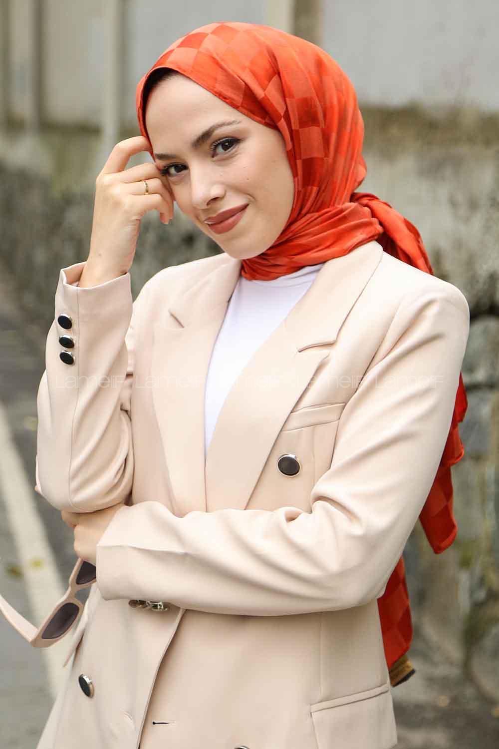 Lamelif Dama Desen Jakar Şal Turuncu