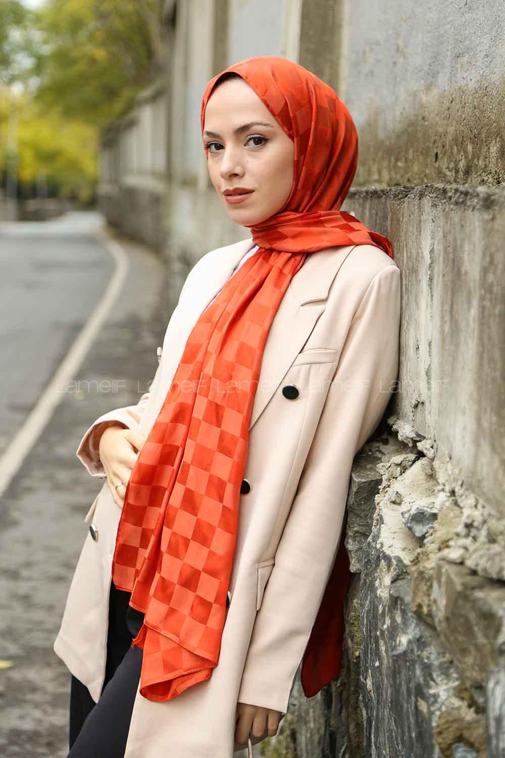 Lamelif Dama Desen Jakar Şal Turuncu