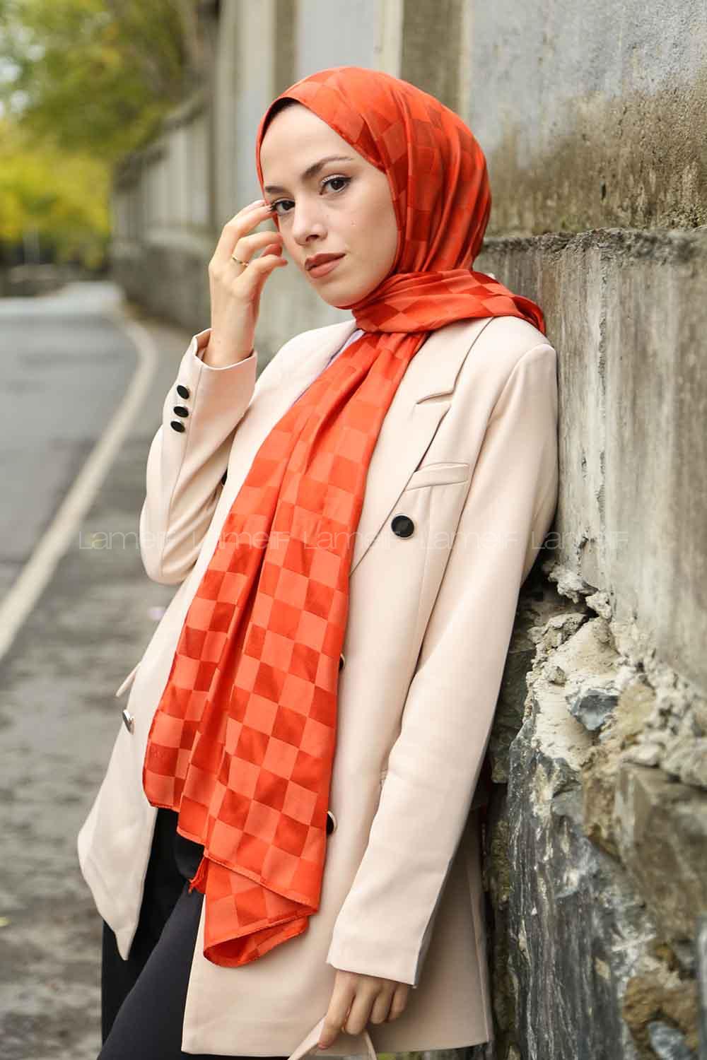 Lamelif Dama Desen Jakar Şal Turuncu