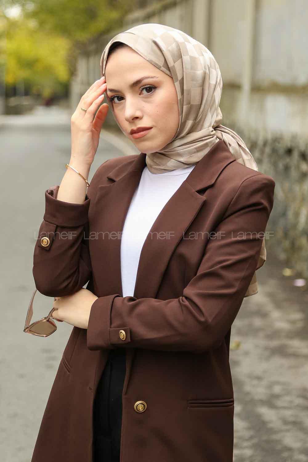 Lamelif Dama Desen Jakar Şal Vizon