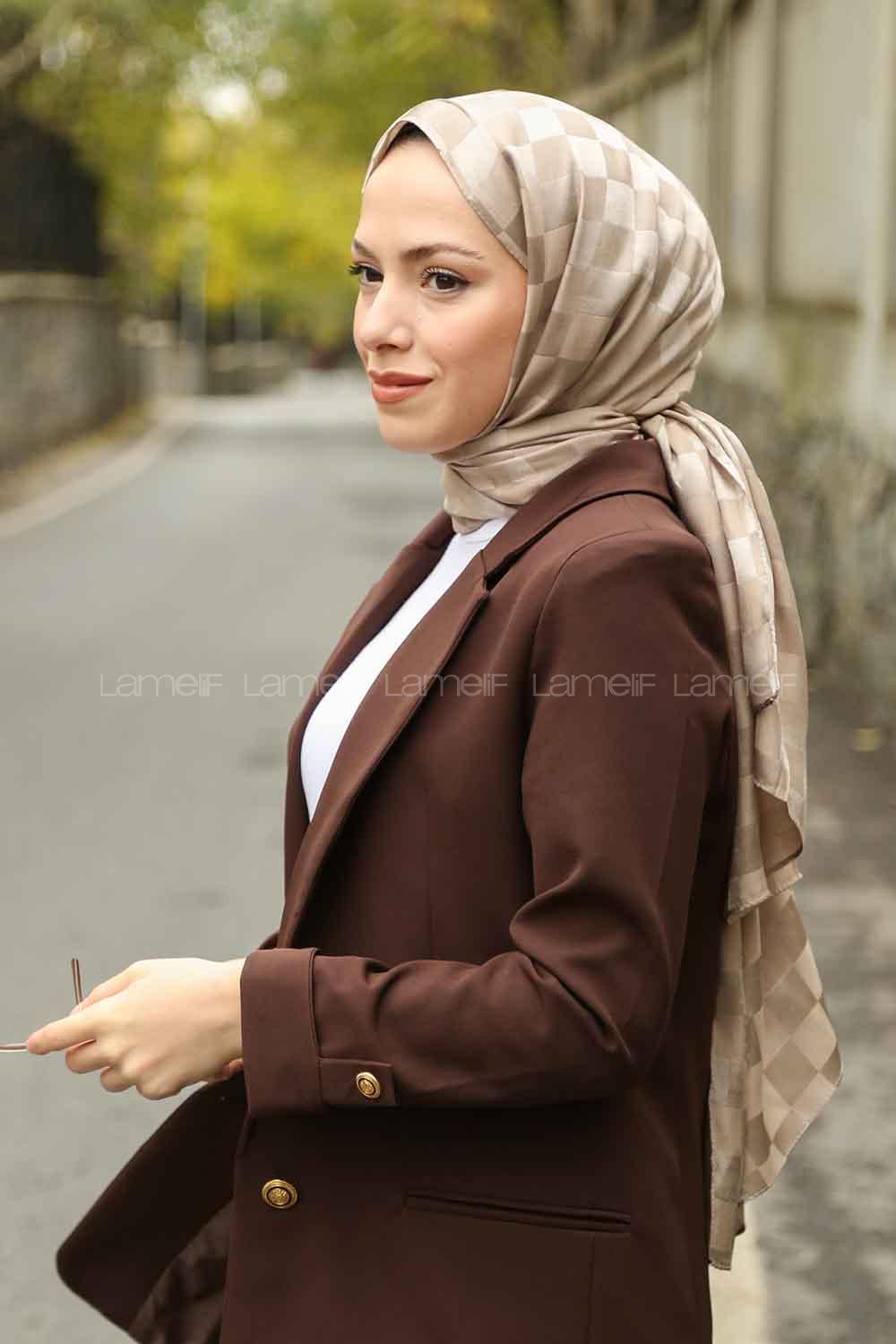 Lamelif Dama Desen Jakar Şal Vizon