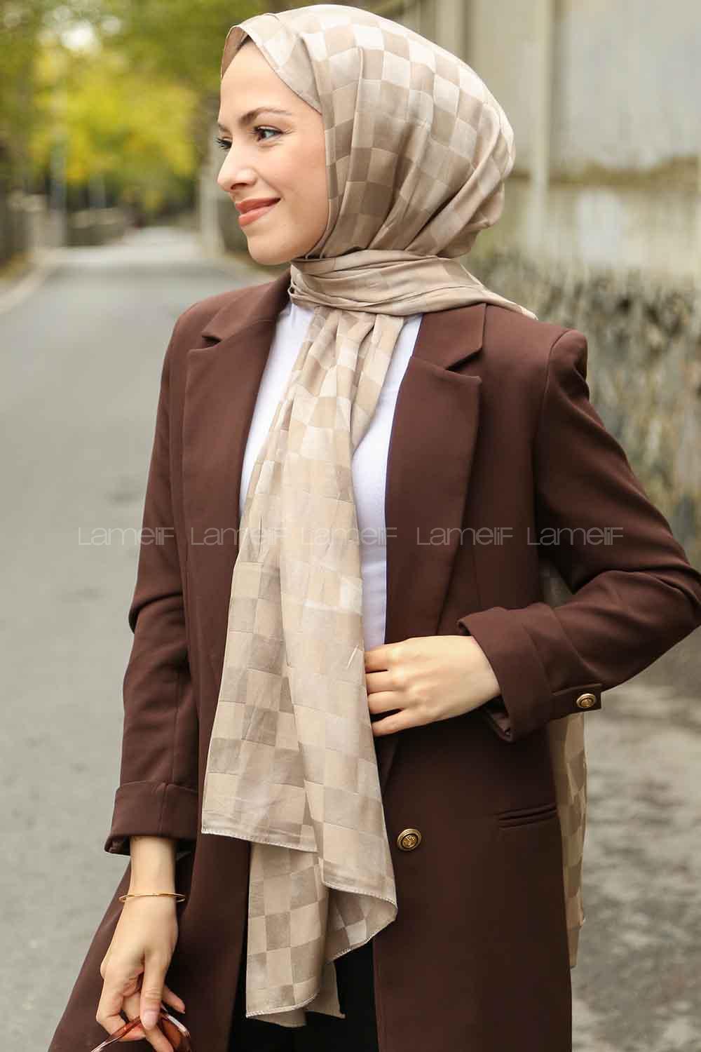 Lamelif Dama Desen Jakar Şal Vizon