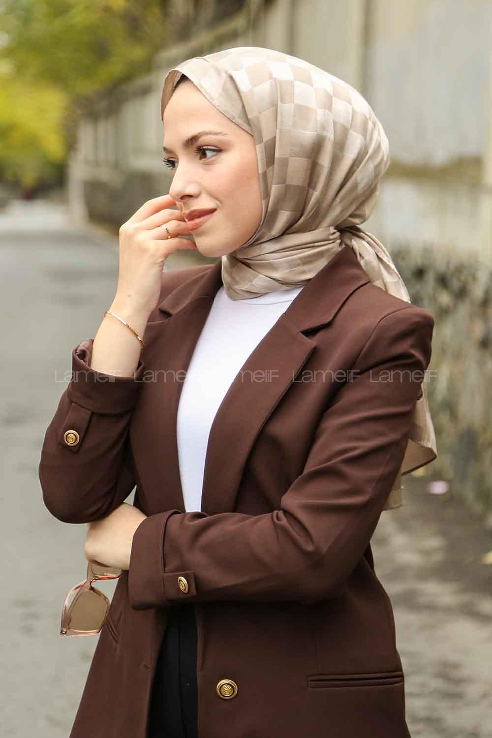 Lamelif Dama Desen Jakar Şal Vizon