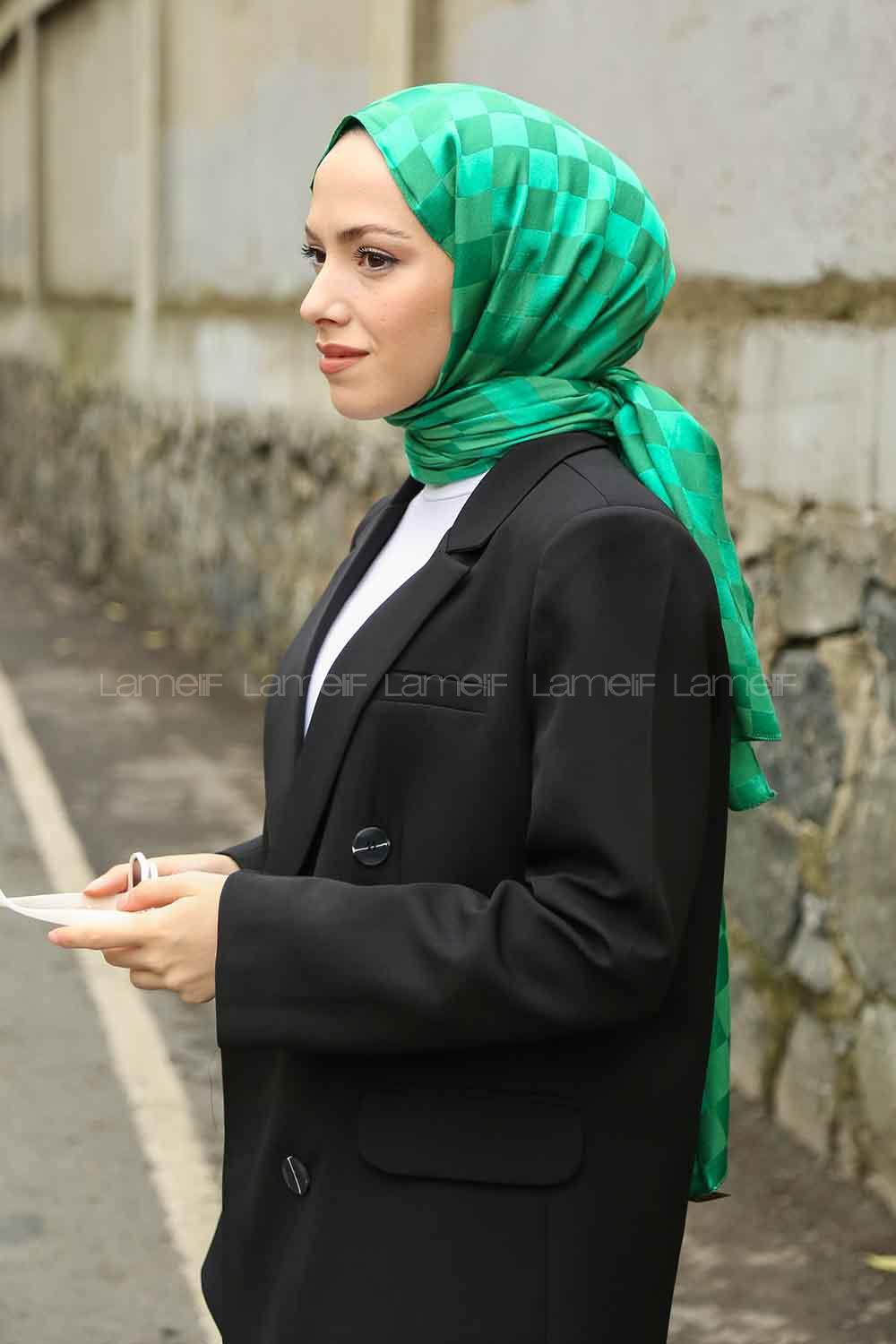 Lamelif Dama Desen Jakar Şal Yeşil