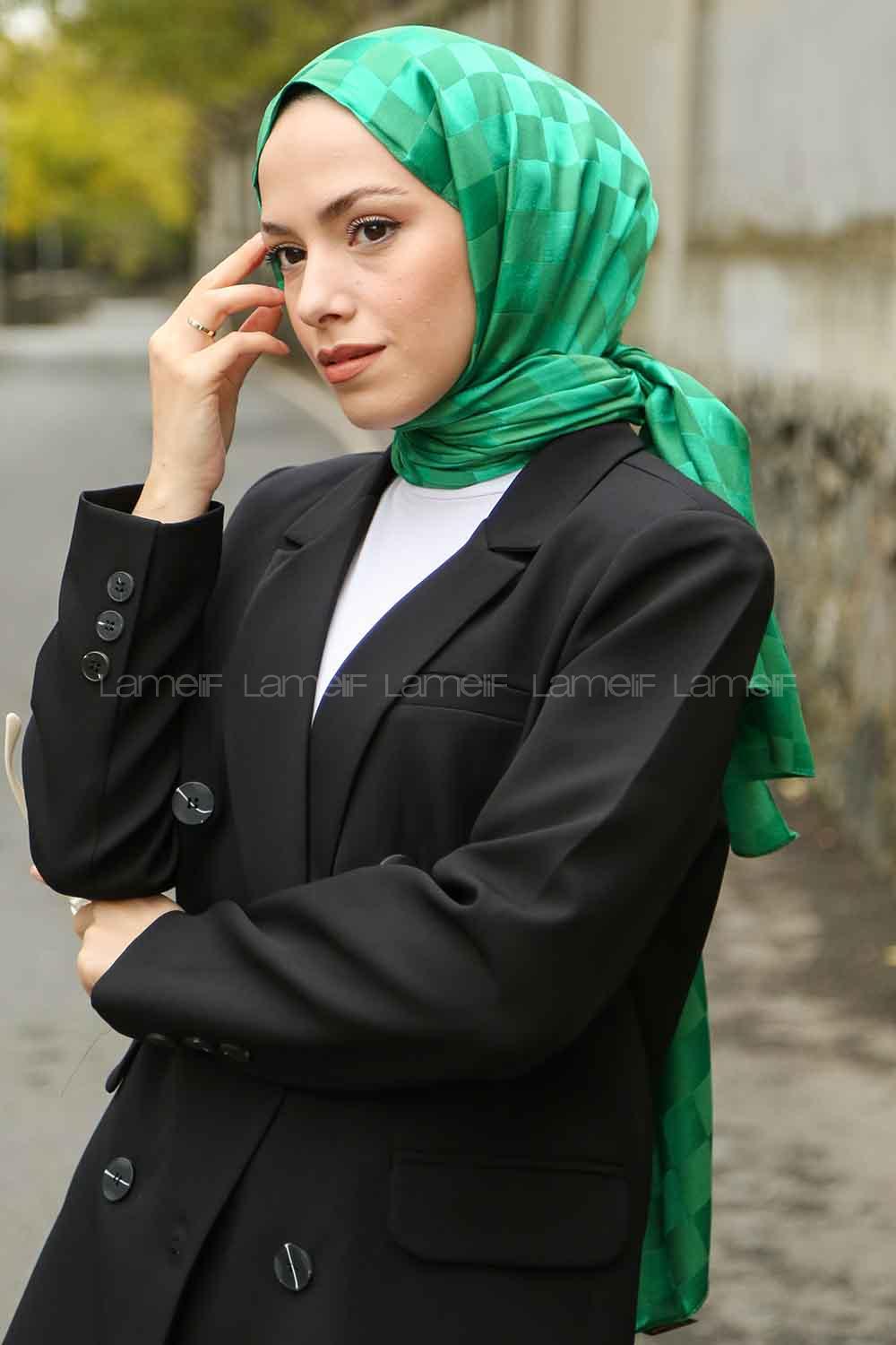 Lamelif Dama Desen Jakar Şal Yeşil