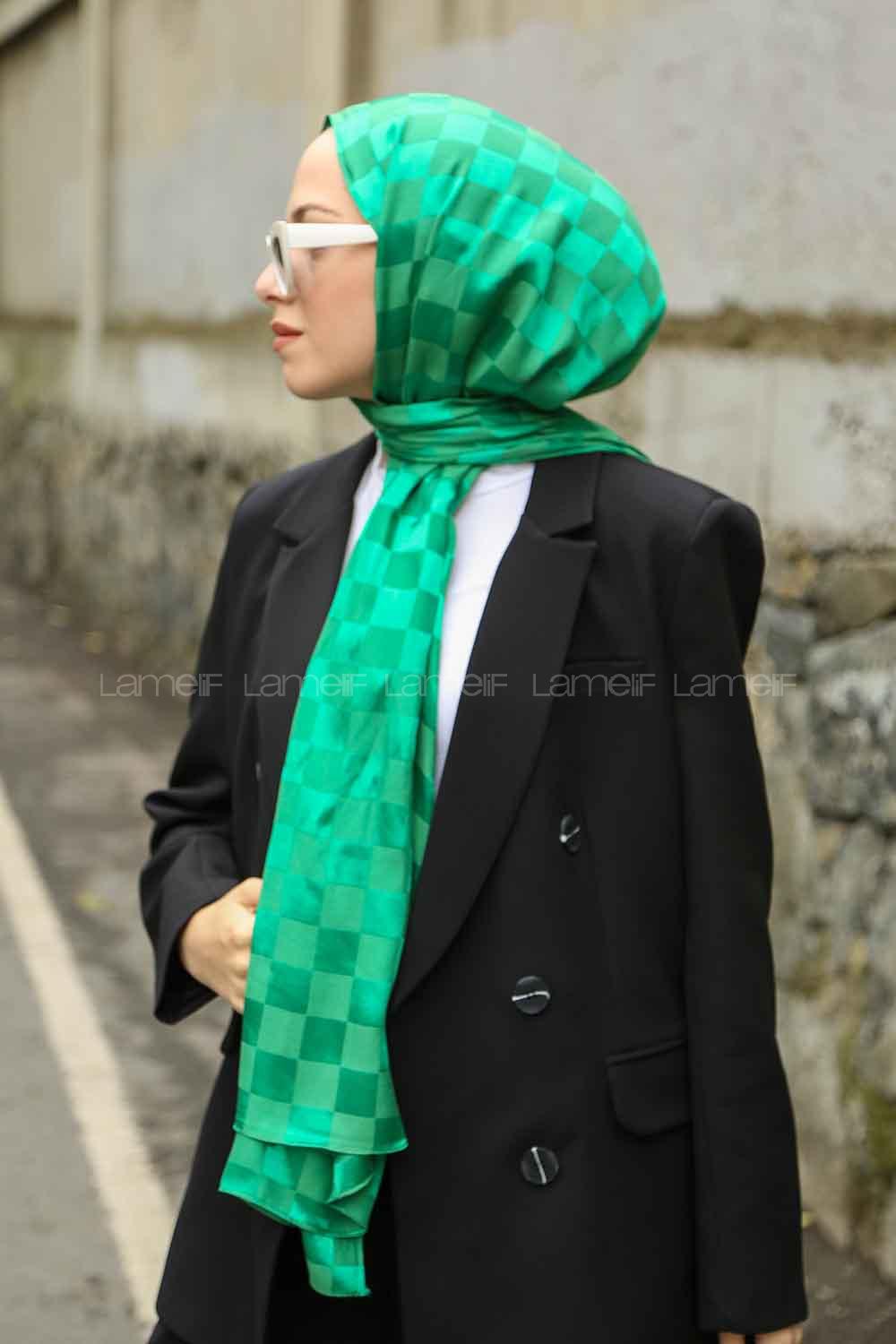 Lamelif Dama Desen Jakar Şal Yeşil