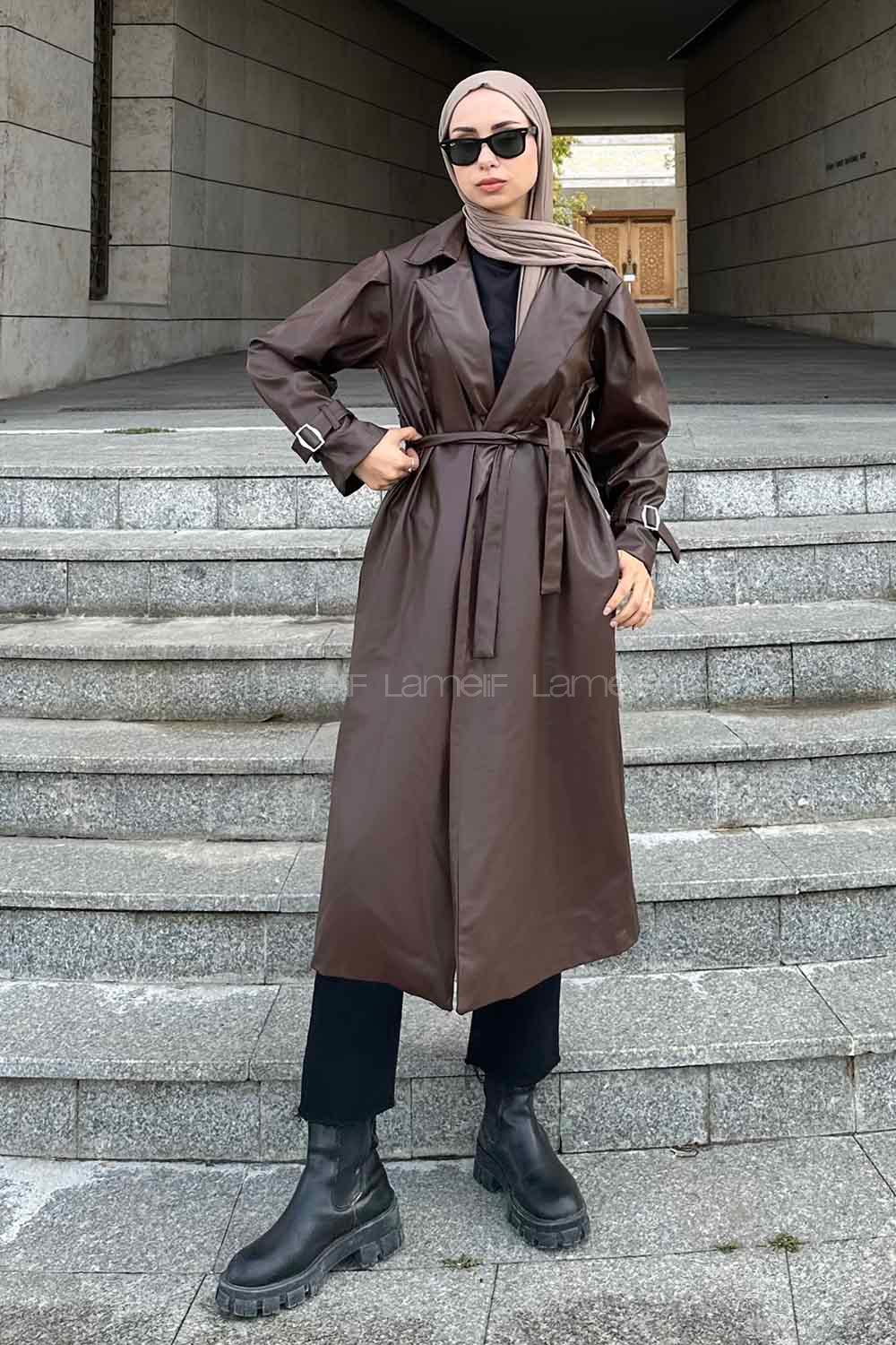 Lamelif Kuşak Bağlmalı Deri Mont Acı Kahve