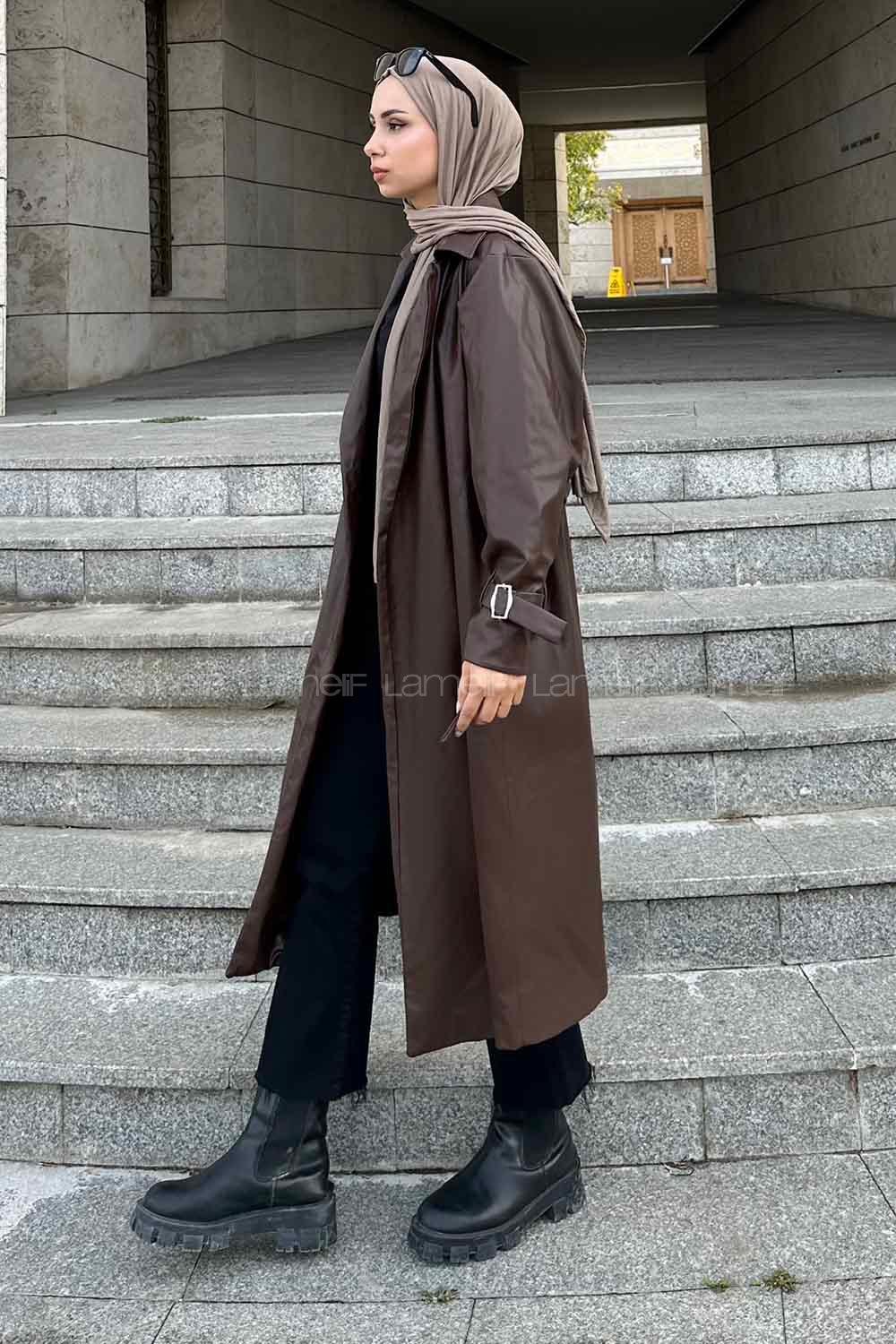 Lamelif Kuşak Bağlmalı Deri Mont Acı Kahve