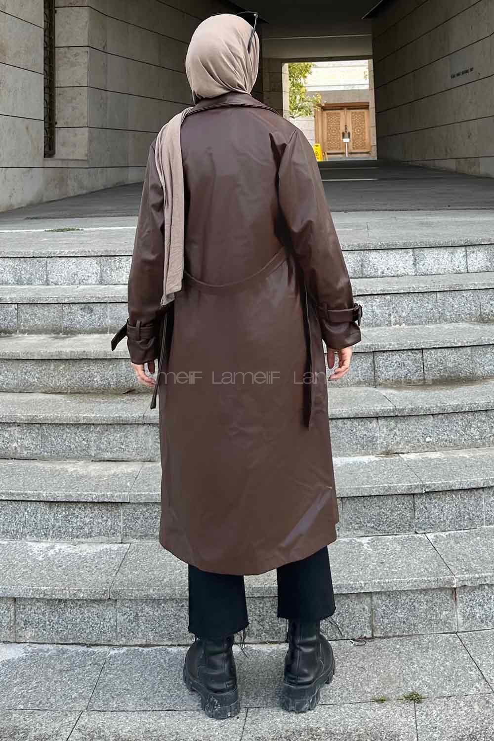 Lamelif Kuşak Bağlmalı Deri Mont Acı Kahve