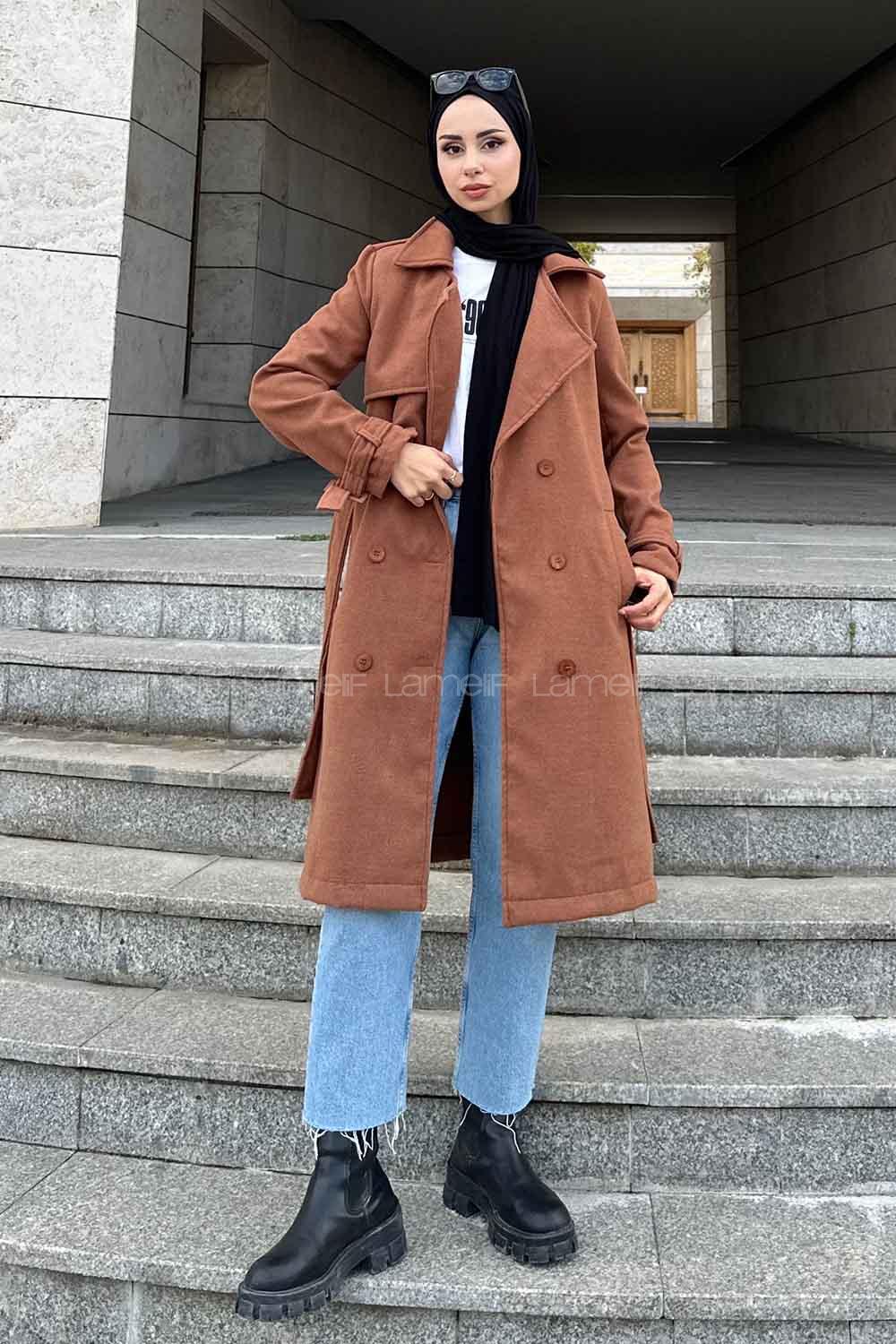 Lamelif Uzun Kaşe Kaban Kahve