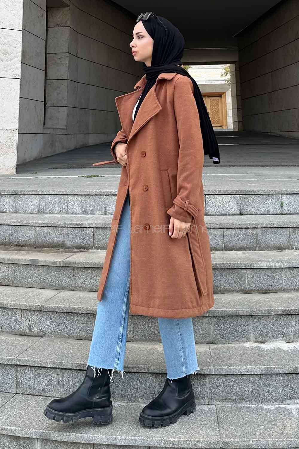 Lamelif Uzun Kaşe Kaban Kahve