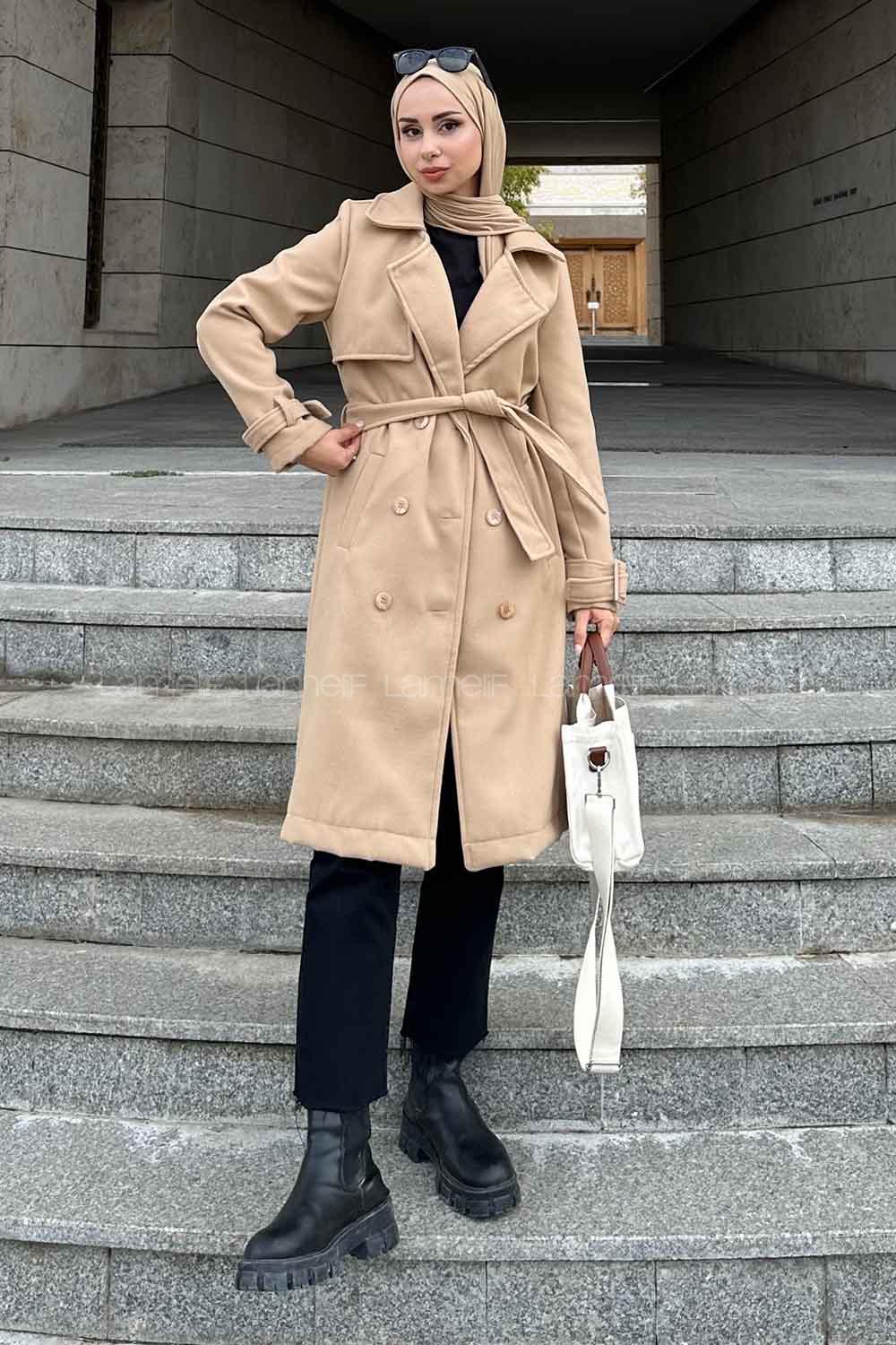 Cream Scoop Neck Long Arm Stamp Fabric Coat