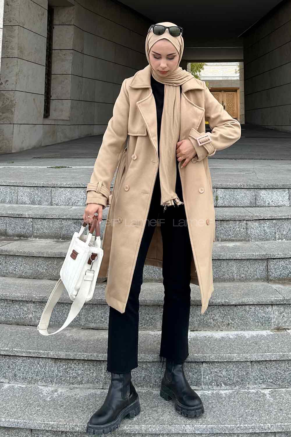 Cream Scoop Neck Long Arm Stamp Fabric Coat