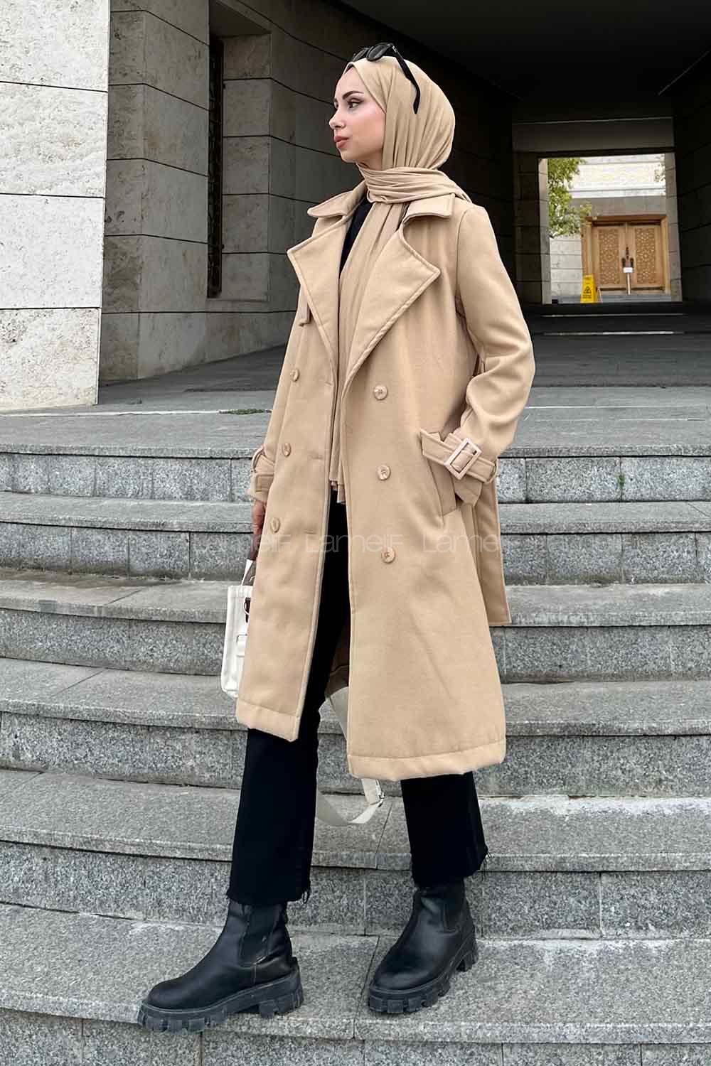 Cream Scoop Neck Long Arm Stamp Fabric Coat