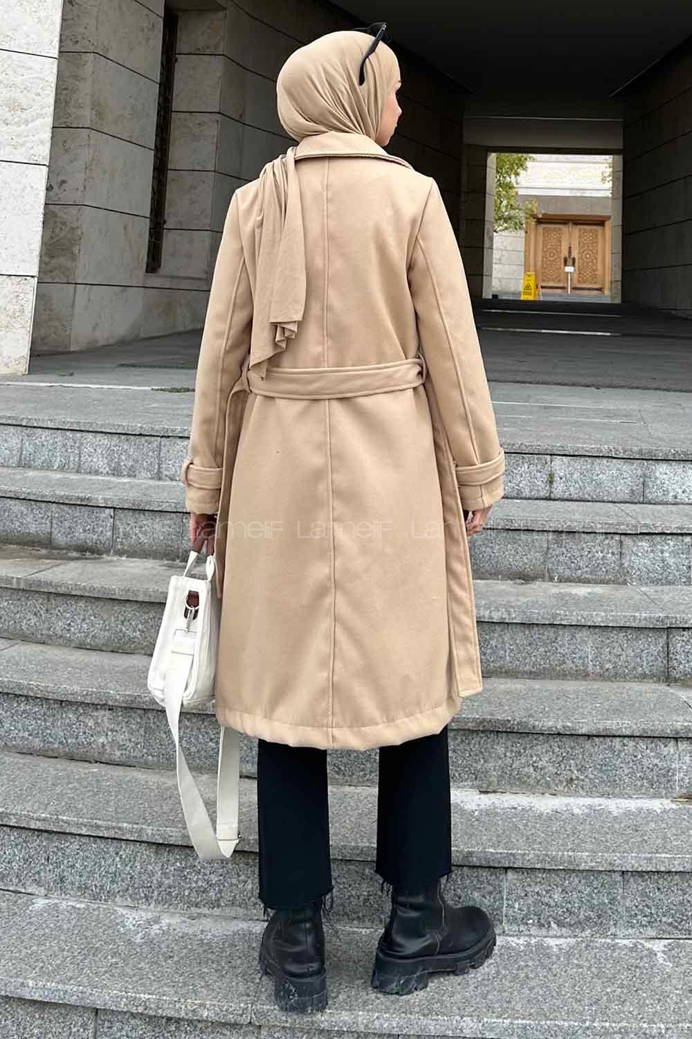 Cream Scoop Neck Long Arm Stamp Fabric Coat