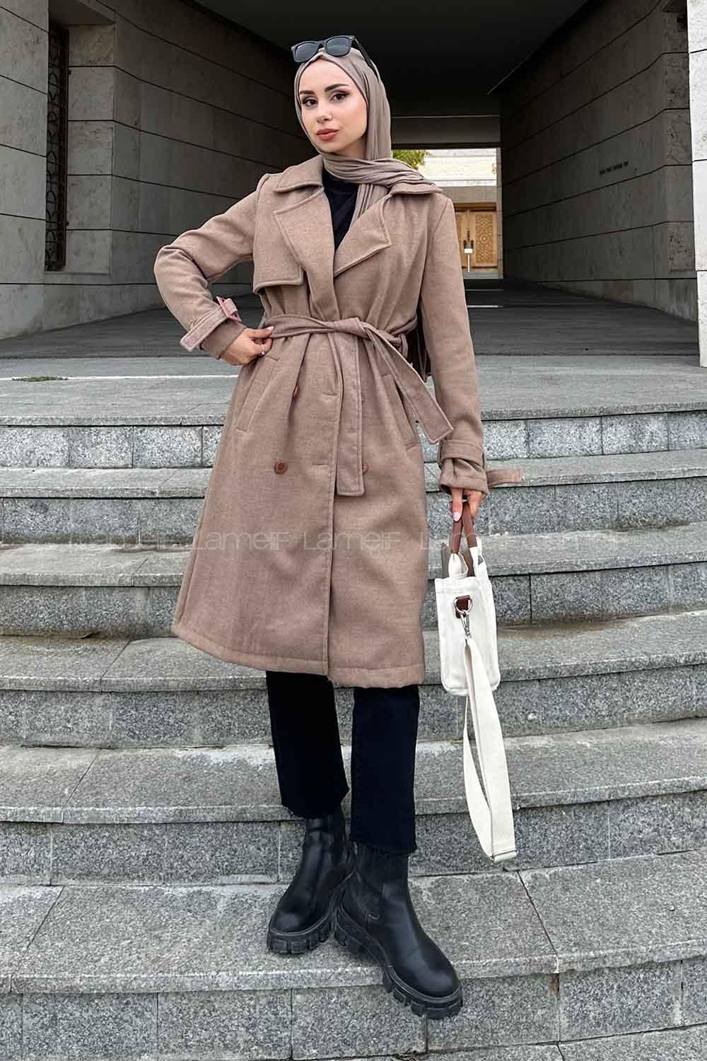 Lamelif Uzun Kaşe Kaban Sütlü Kahve