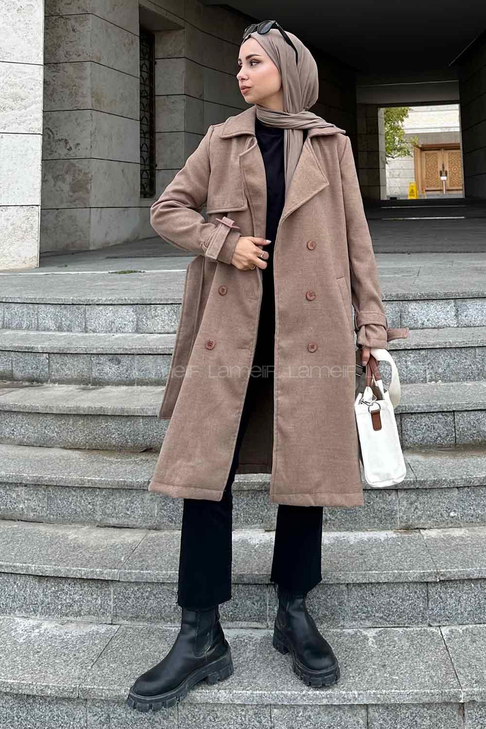 Lamelif Uzun Kaşe Kaban Sütlü Kahve