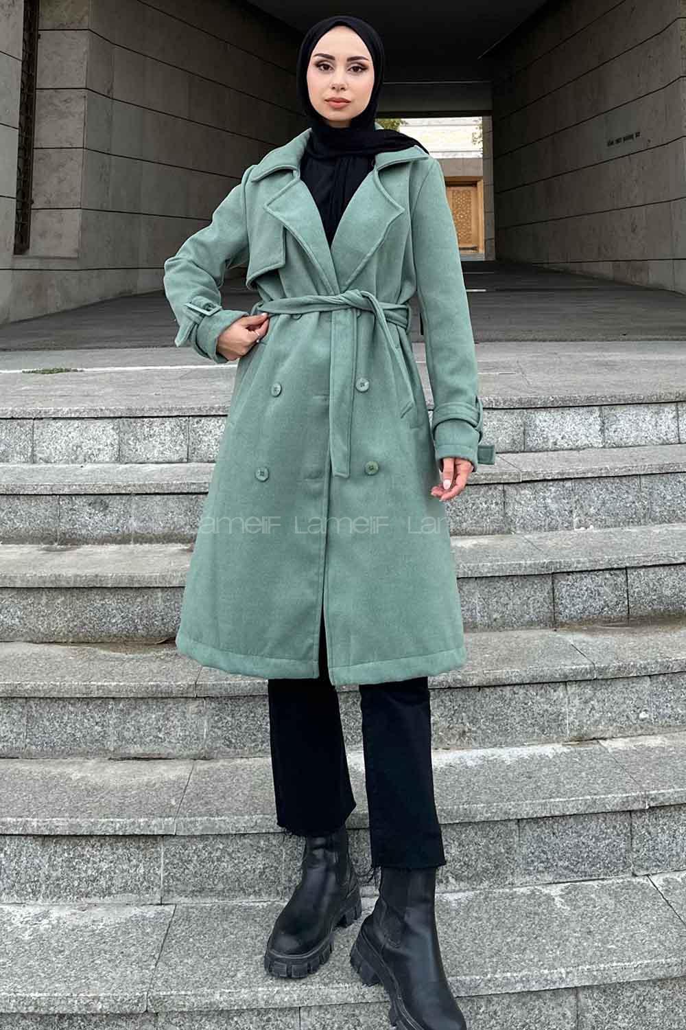 Lamelif Uzun Kaşe Kaban Yeşil