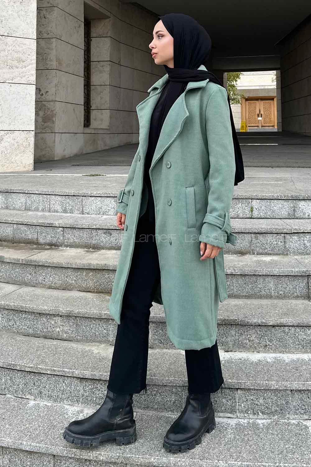 Lamelif Uzun Kaşe Kaban Yeşil