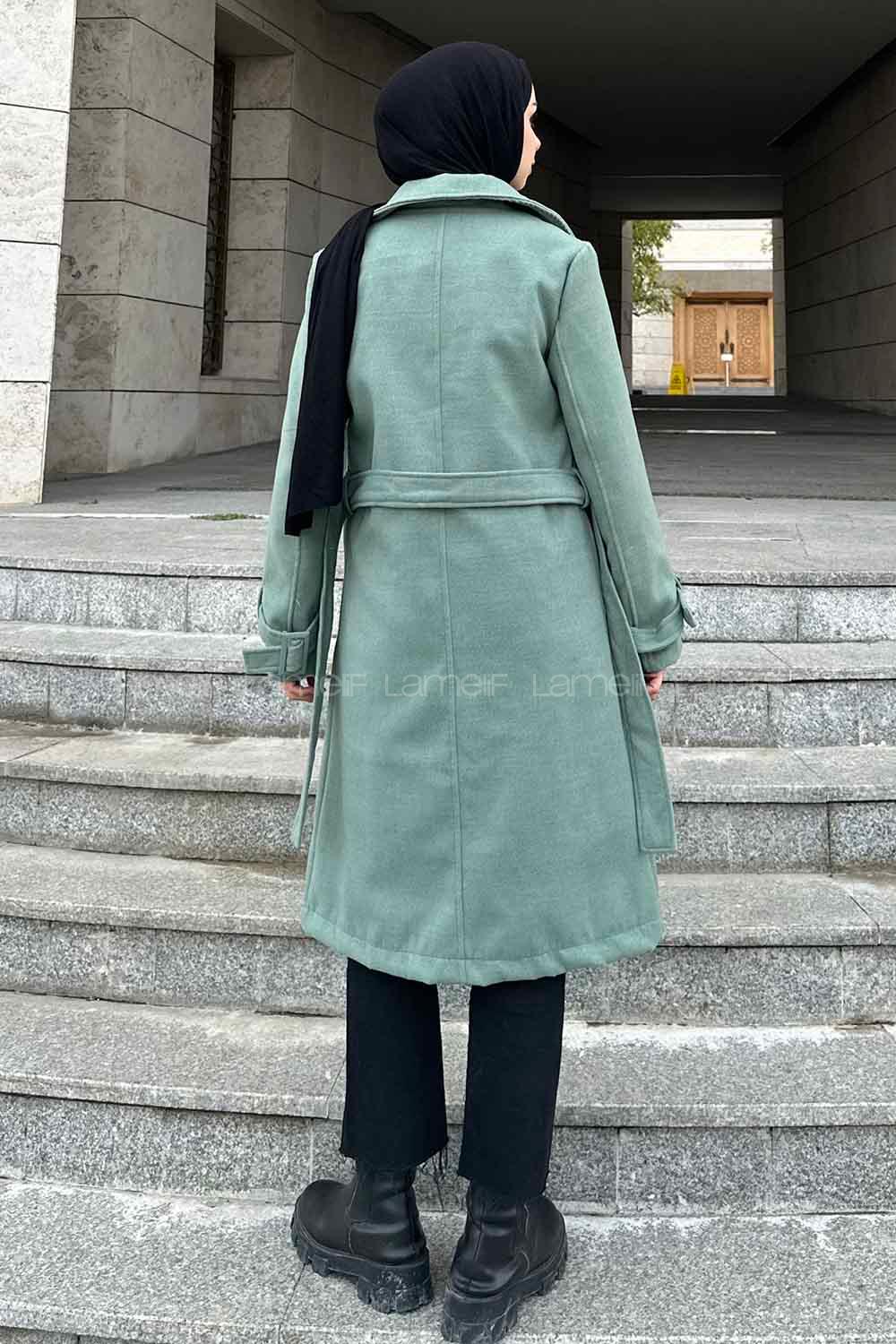 Lamelif Uzun Kaşe Kaban Yeşil