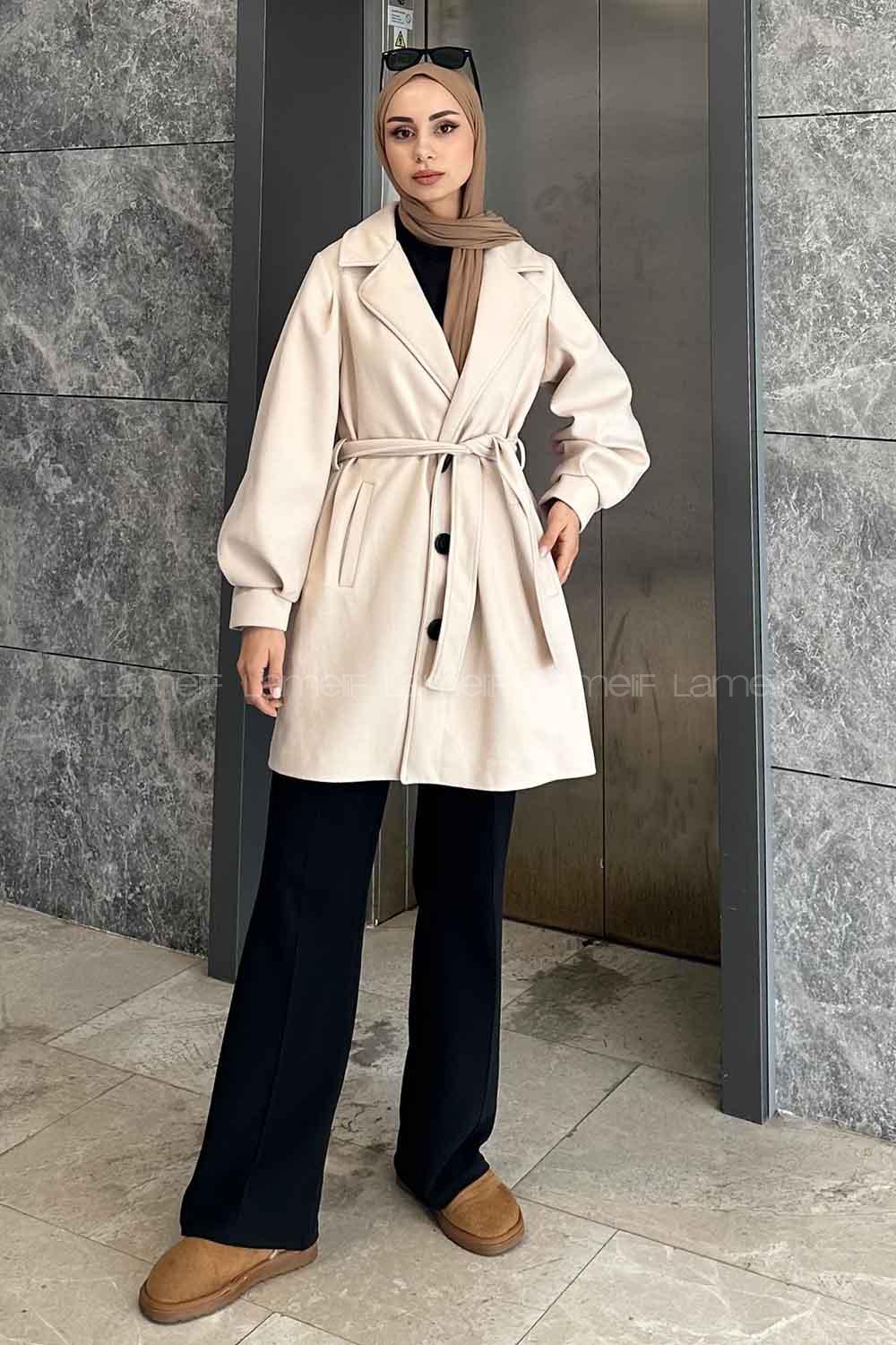 Ecru Medium V Neck Long Arm Stamp Fabric Coat