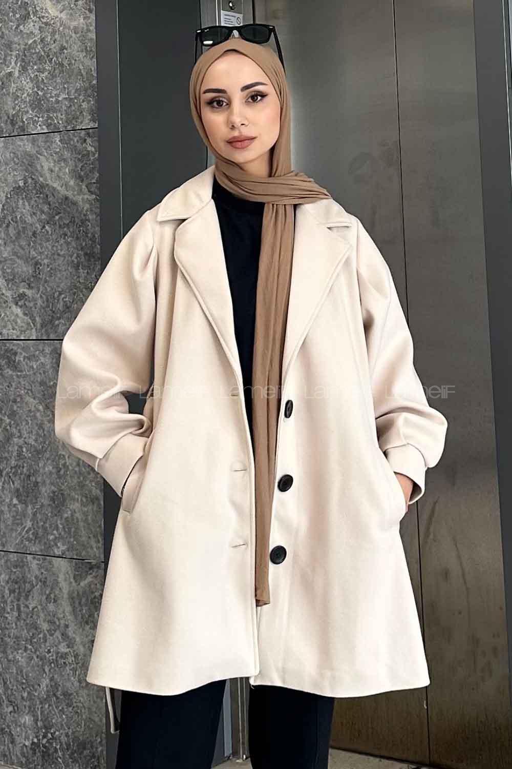 Ecru Medium V Neck Long Arm Stamp Fabric Coat