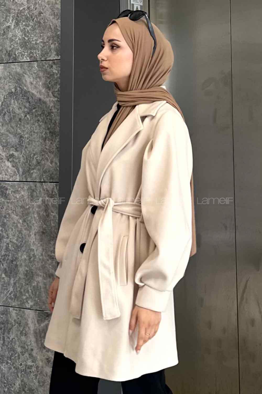 Ecru Medium V Neck Long Arm Stamp Fabric Coat