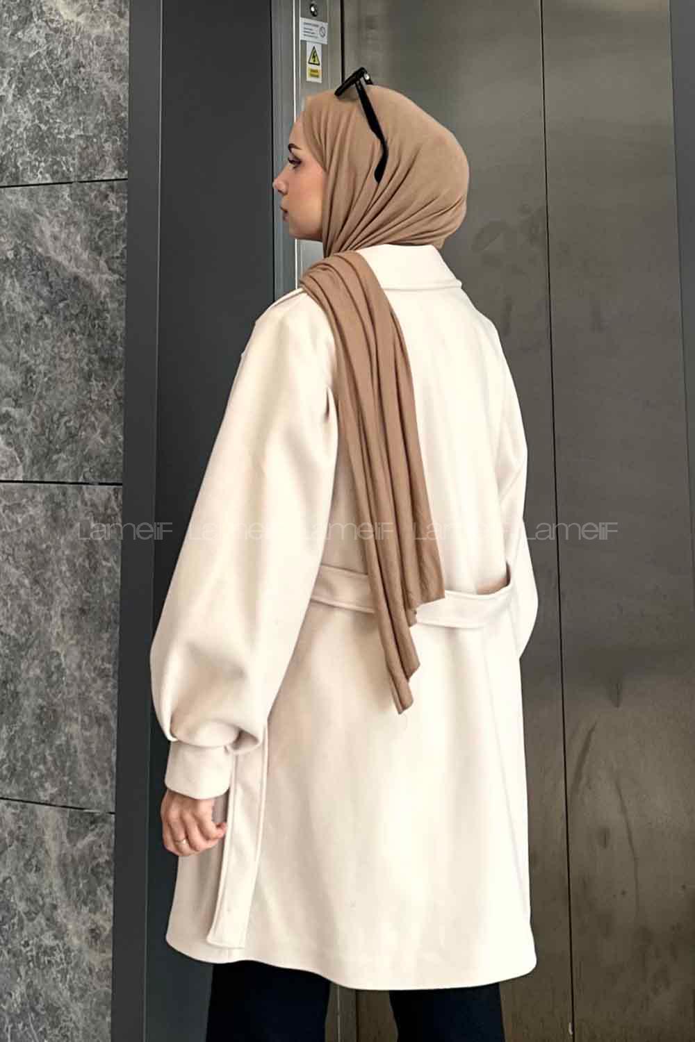Ecru Medium V Neck Long Arm Stamp Fabric Coat