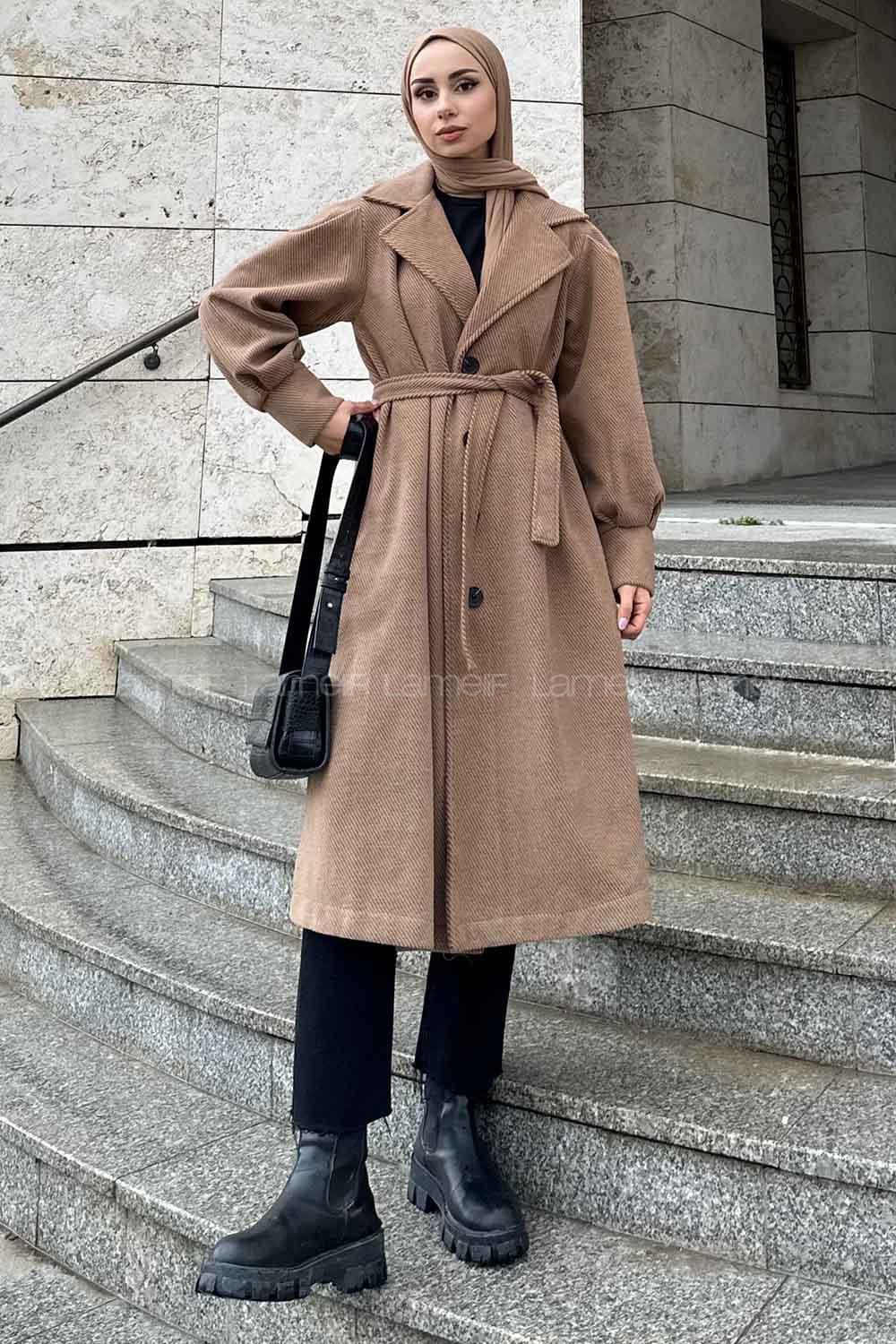Brown V Neck Long Arm Stamp Fabric Coat