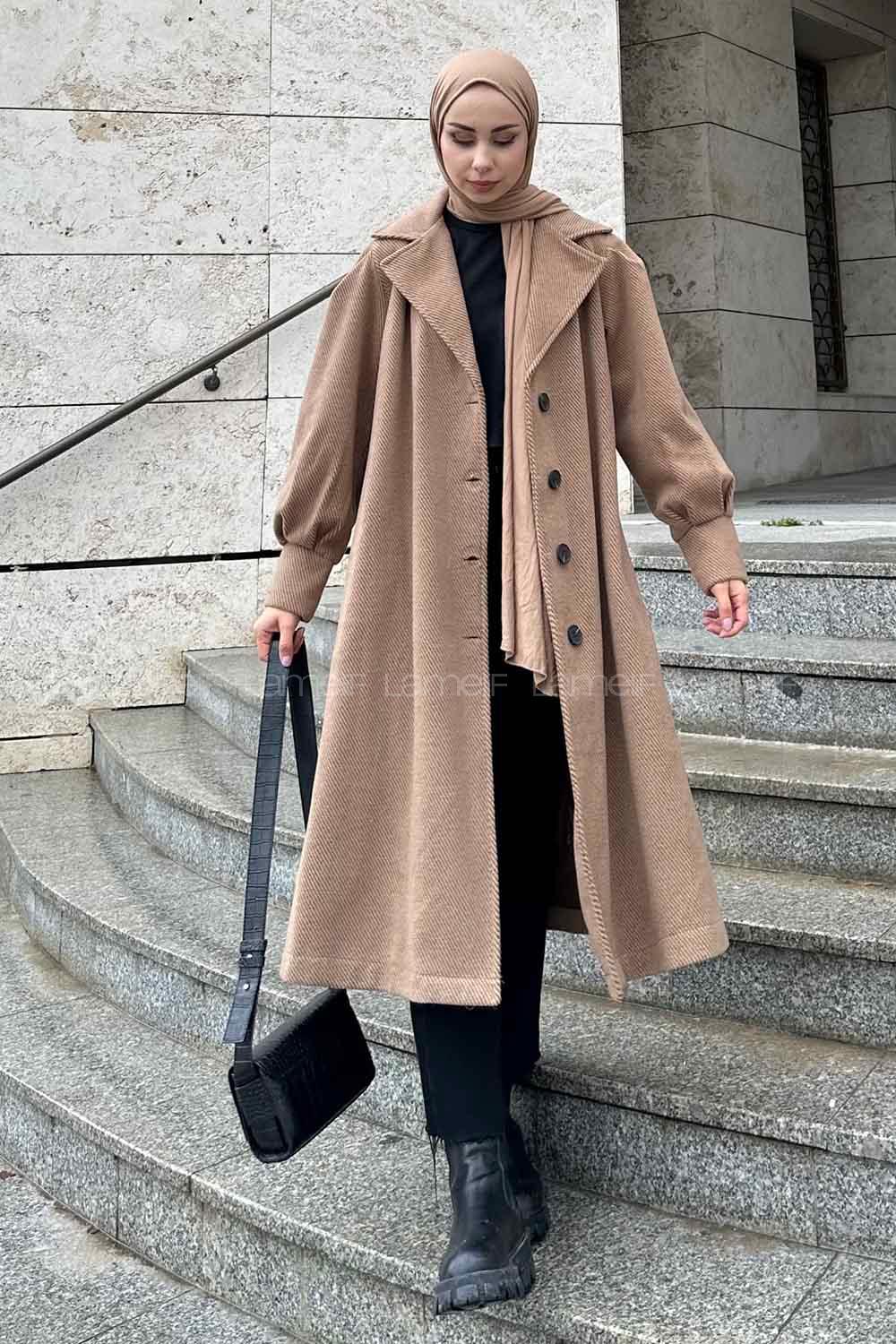 Brown V Neck Long Arm Stamp Fabric Coat