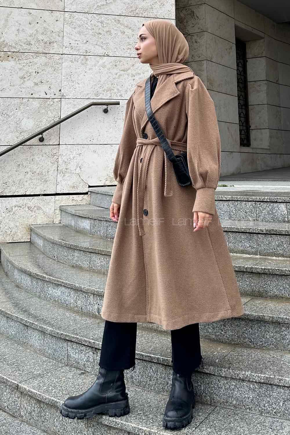 Brown V Neck Long Arm Stamp Fabric Coat