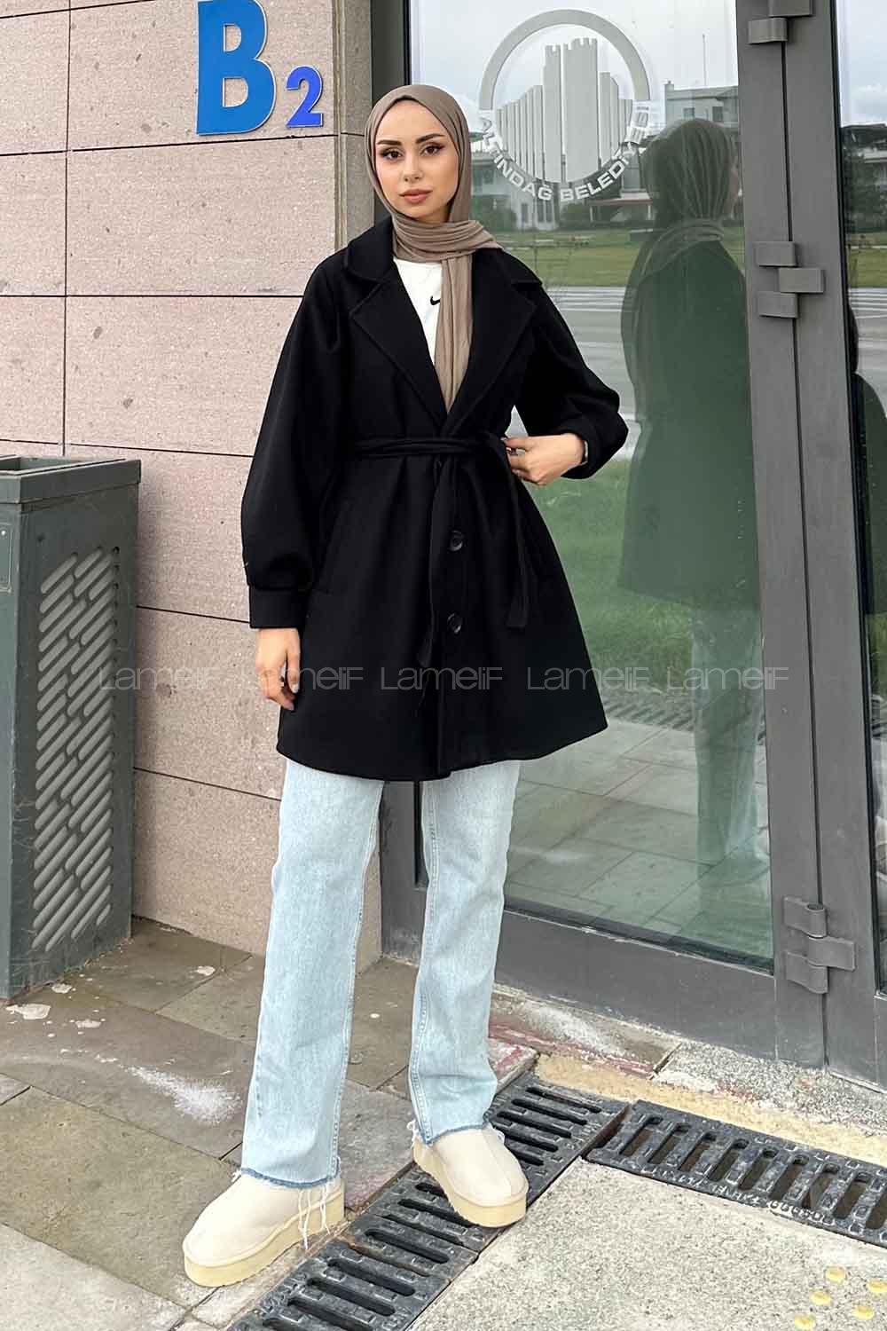 Black Medium V Neck Long Arm Stamp Fabric Coat