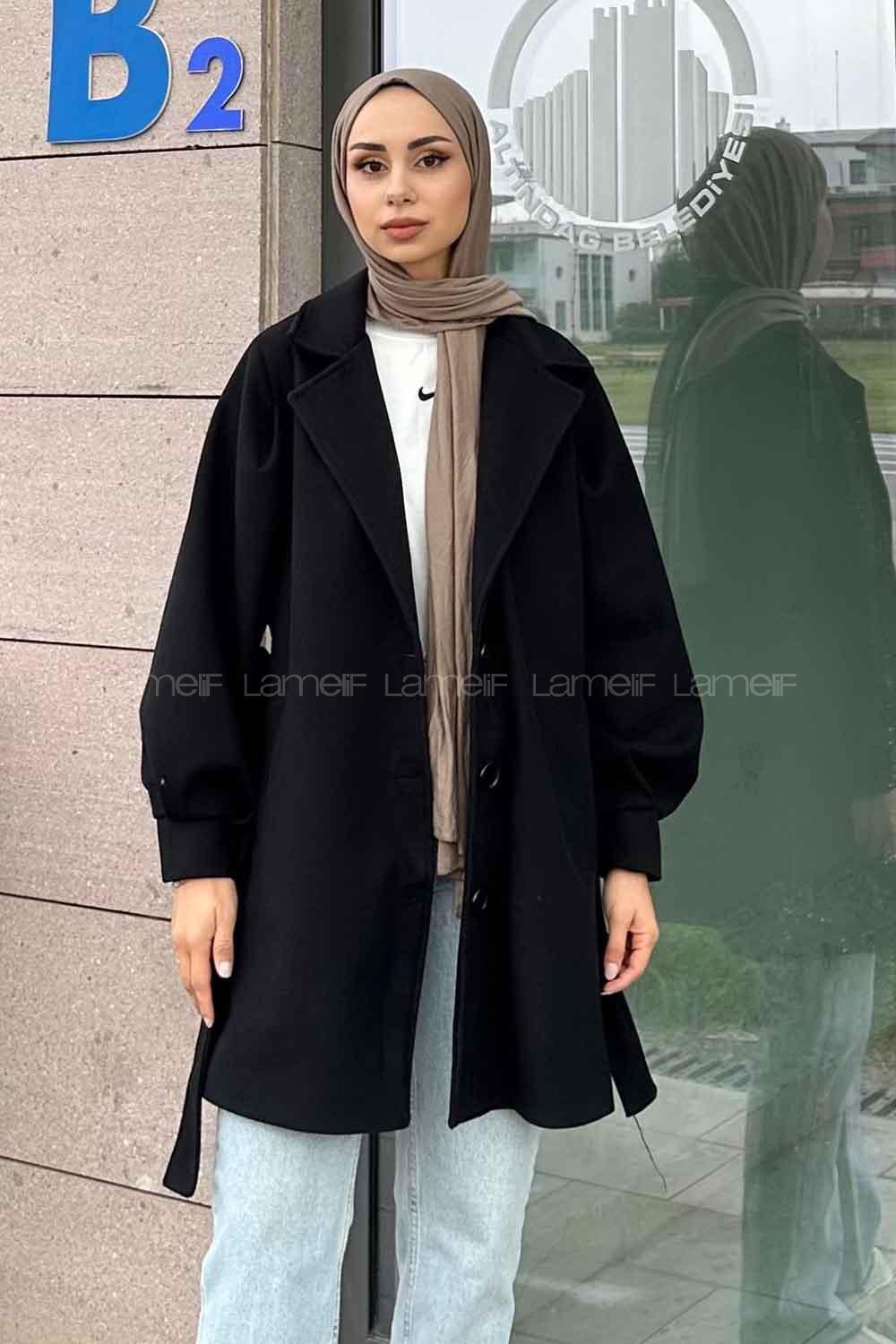 Black Medium V Neck Long Arm Stamp Fabric Coat