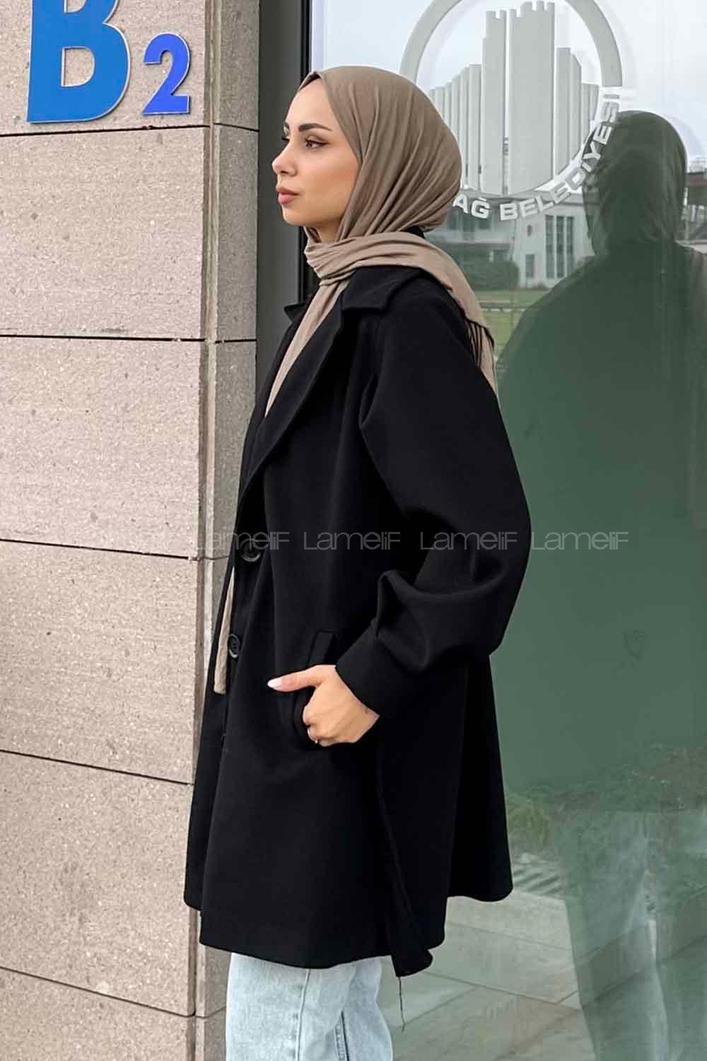 Black Medium V Neck Long Arm Stamp Fabric Coat