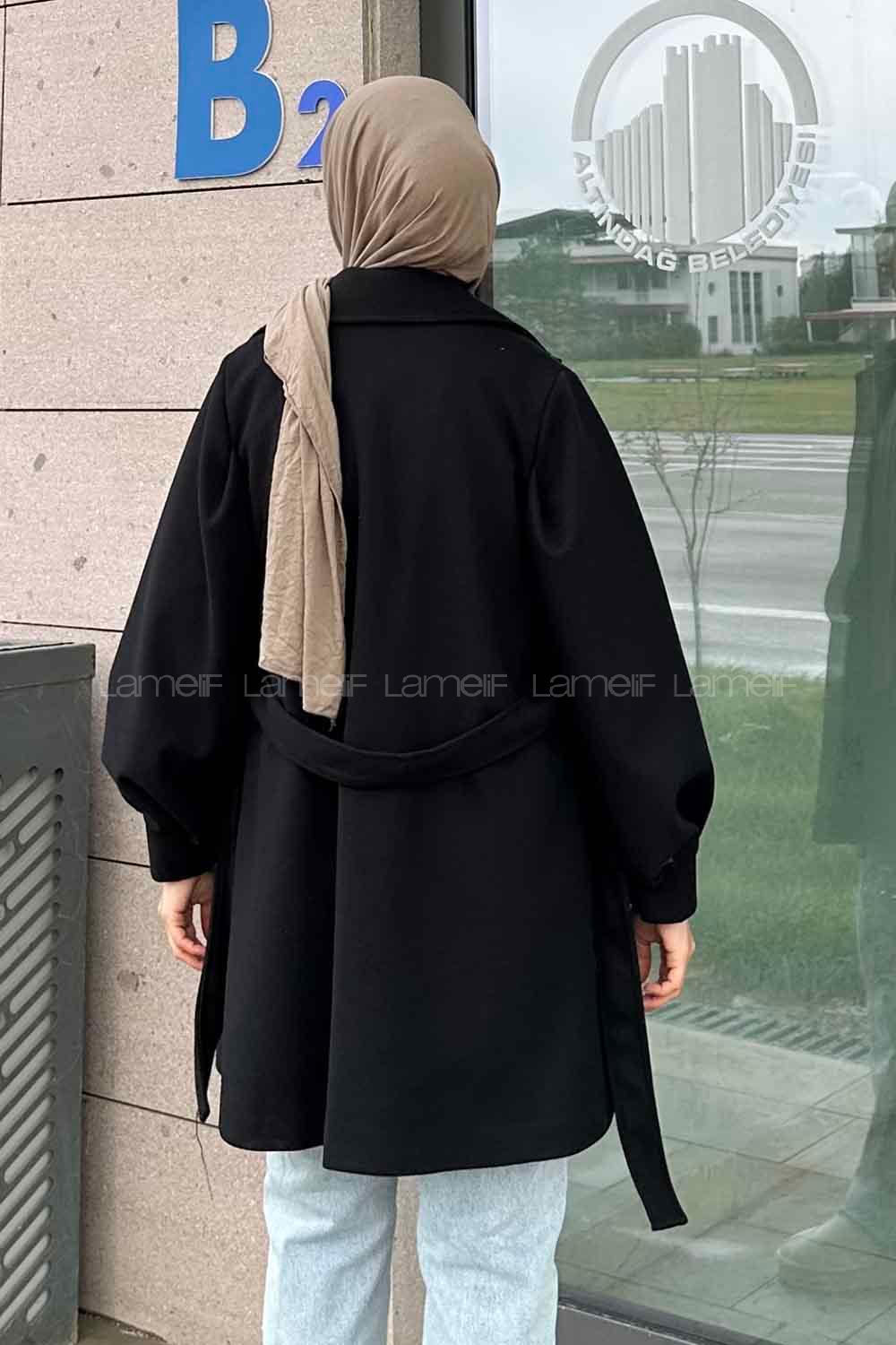 Black Medium V Neck Long Arm Stamp Fabric Coat