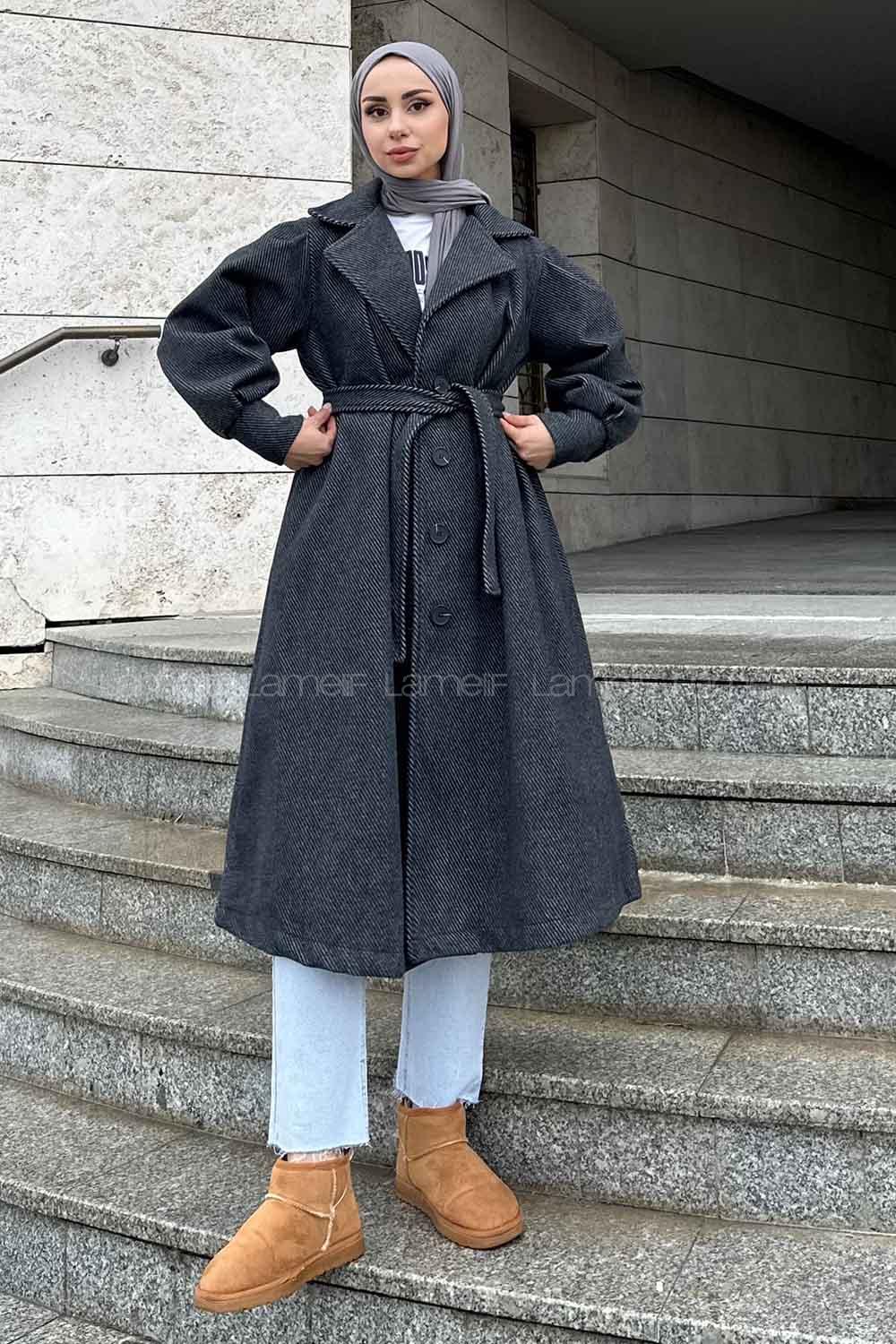 Lamelif Balon Kol Kaşe Kaban Siyah