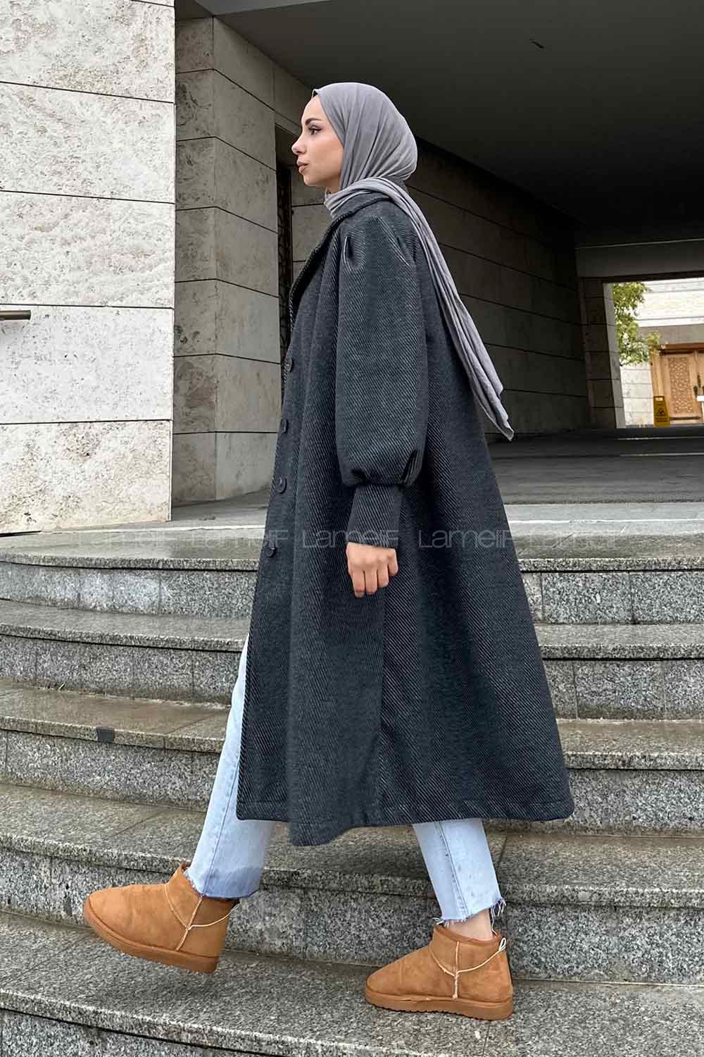 Lamelif Balon Kol Kaşe Kaban Siyah