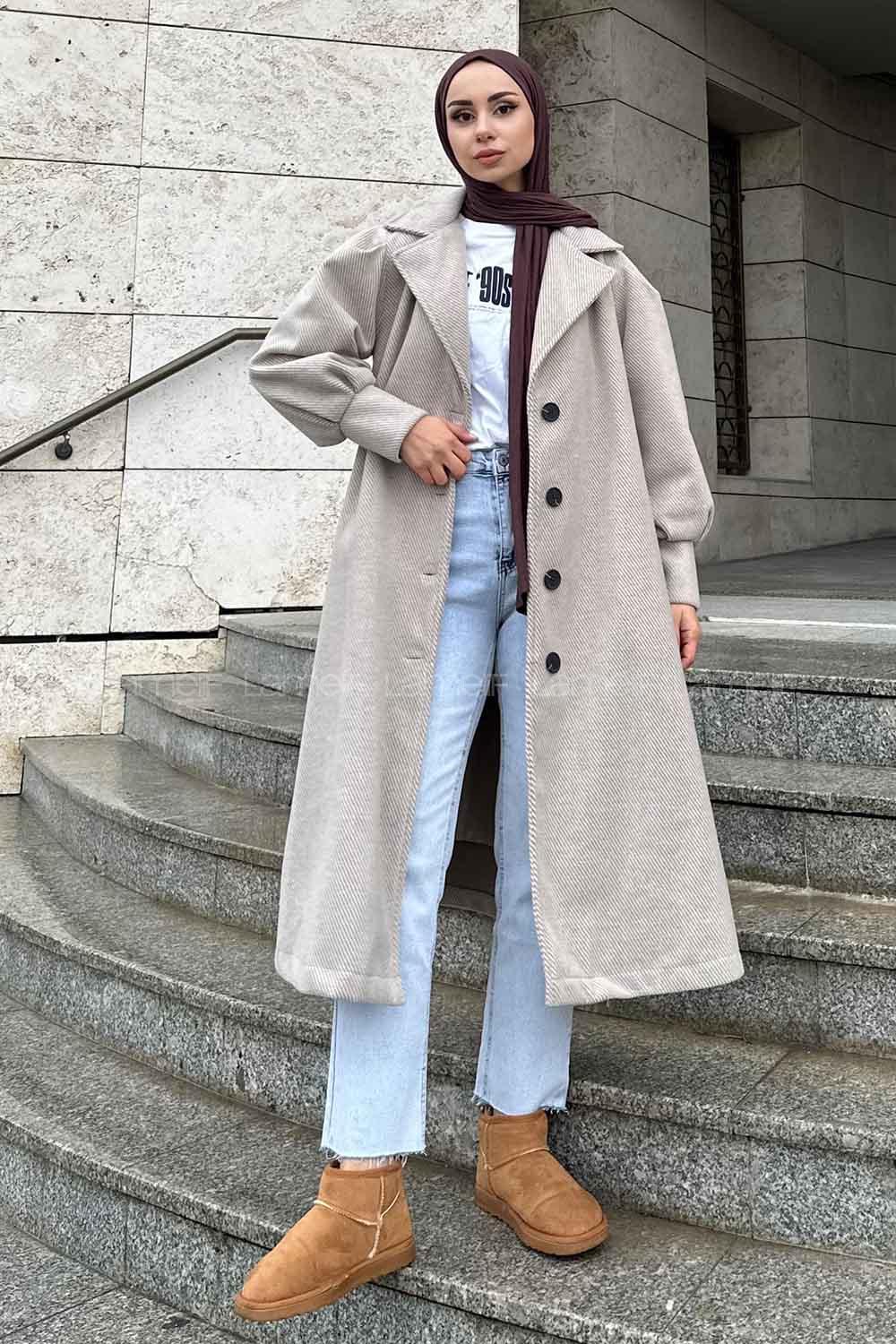 Lamelif Balon Kol Kaşe Kaban Vizonrengi