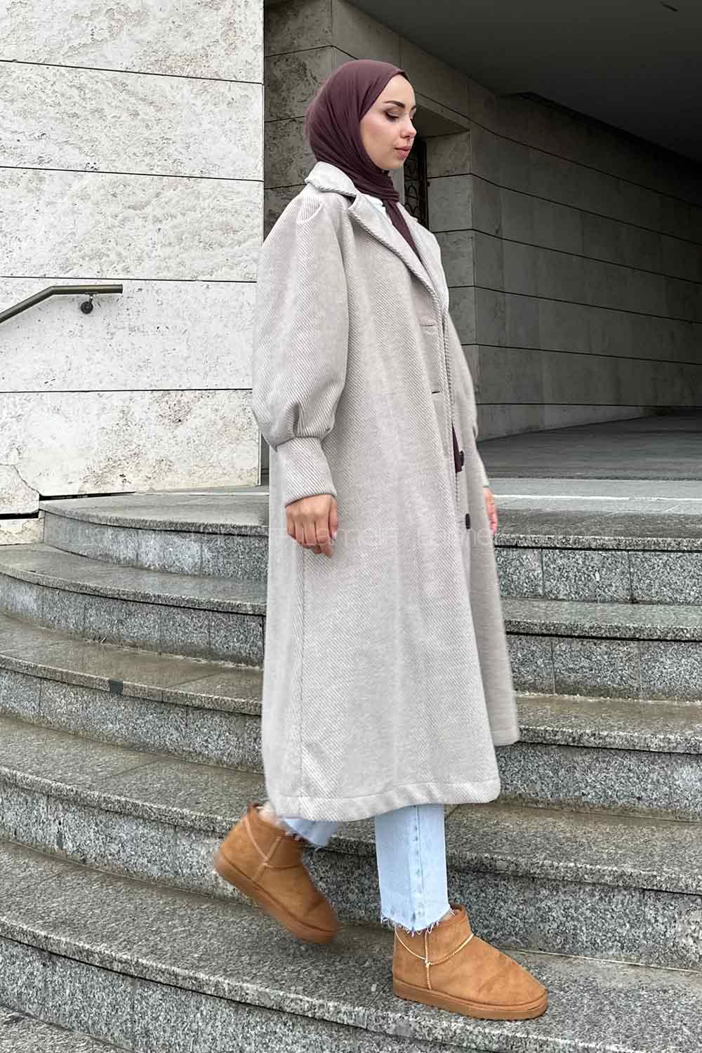 Lamelif Balon Kol Kaşe Kaban Vizonrengi