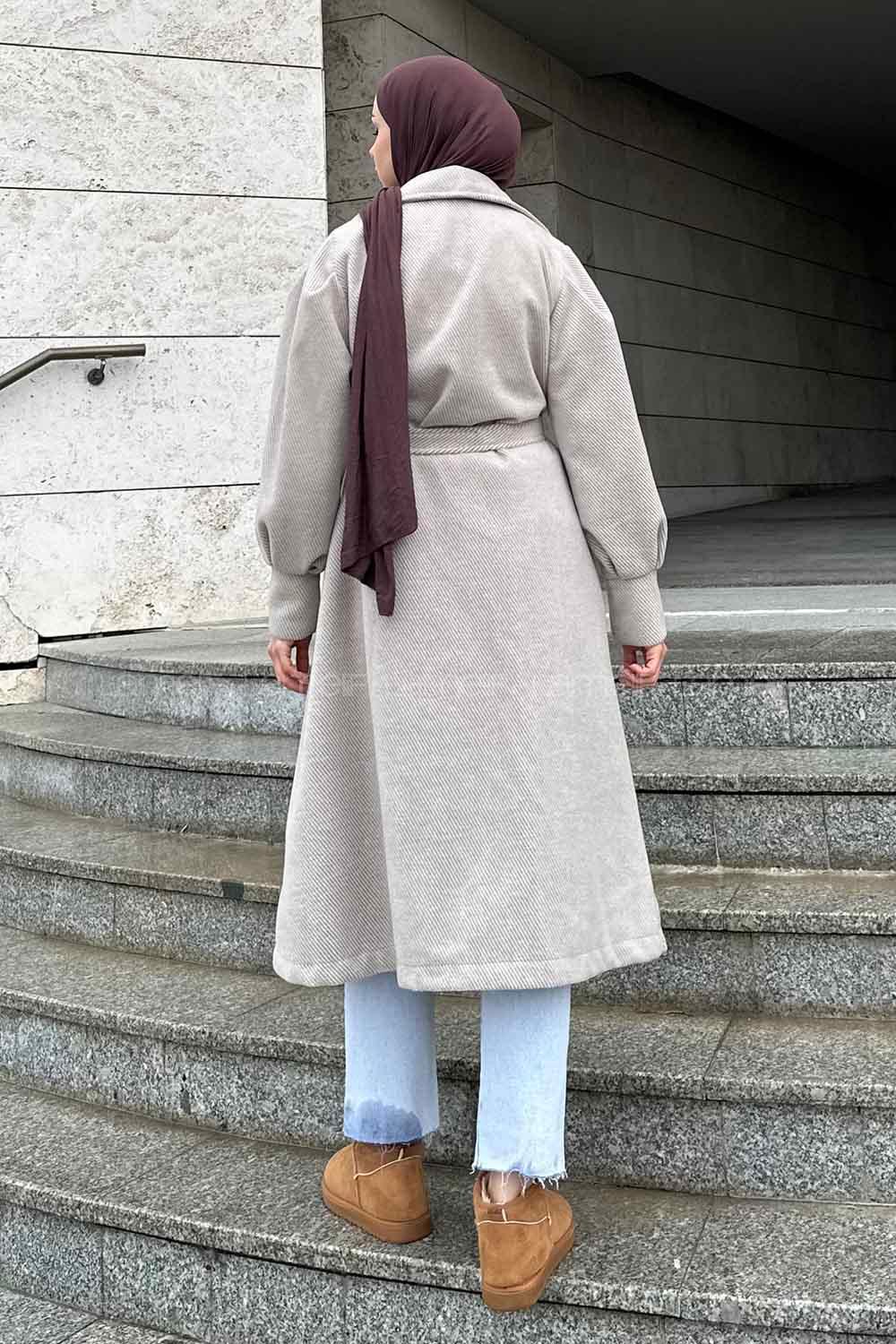 Lamelif Balon Kol Kaşe Kaban Vizonrengi