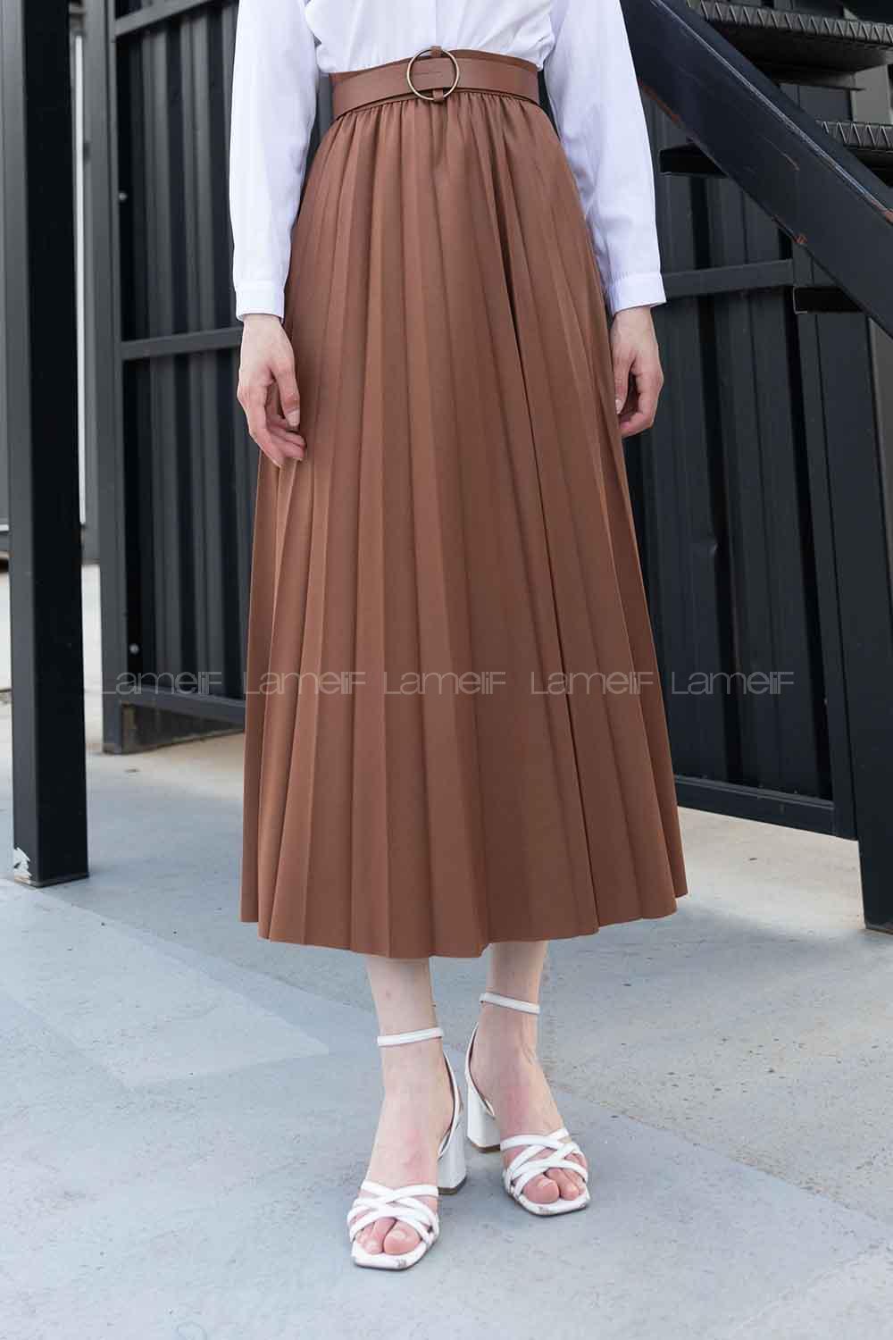 Tan Faux Leather Unprinted Pleated Skirt