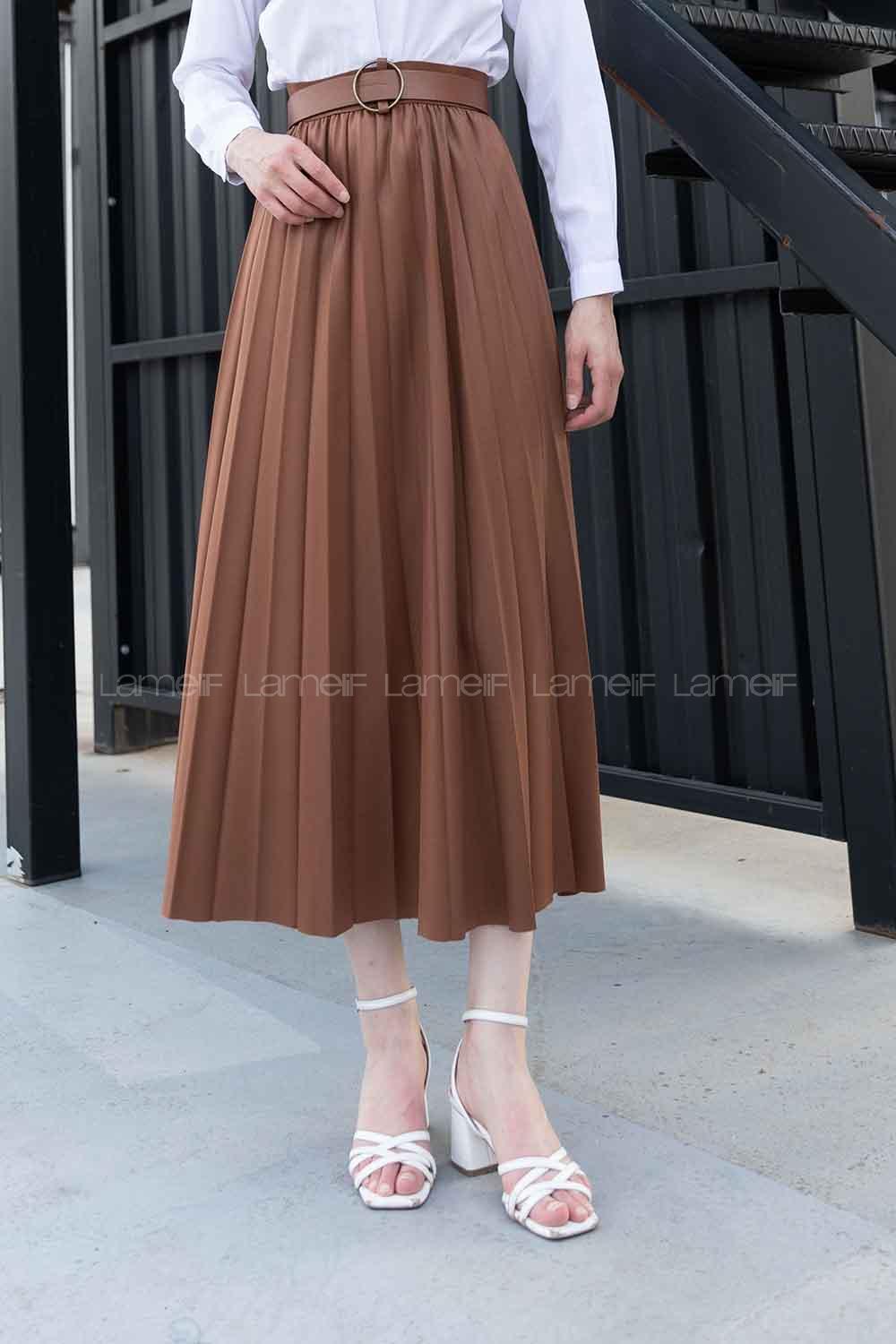 Tan Faux Leather Unprinted Pleated Skirt