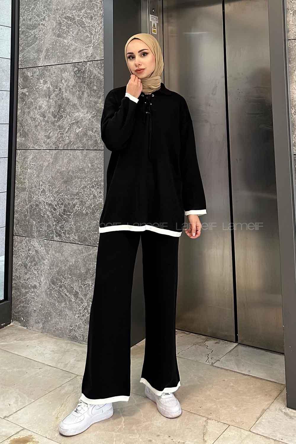 Black Shirt Collar Long Arm Knitwear Regular Trousers Comfortable Suit