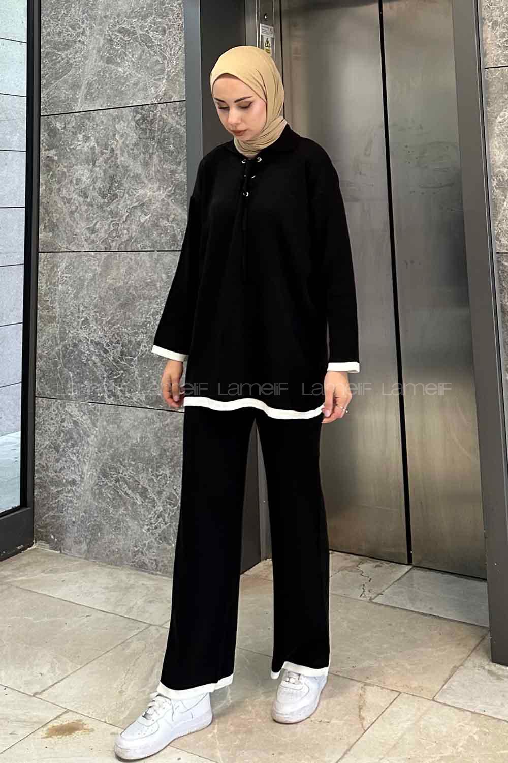 Black Shirt Collar Long Arm Knitwear Regular Trousers Comfortable Suit