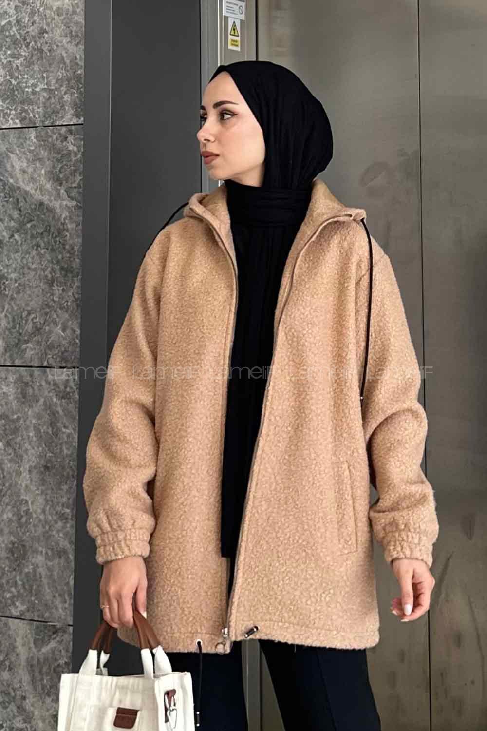 Mink Hood Neck Long Arm Cotton Fabric Coat