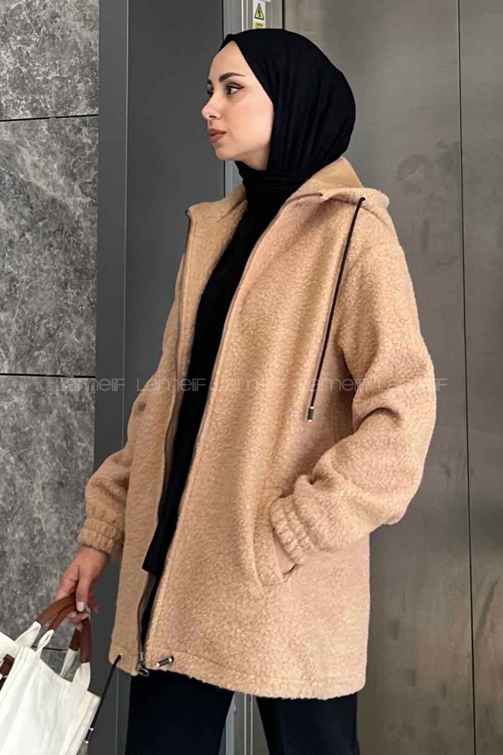 Mink Hood Neck Long Arm Cotton Fabric Coat