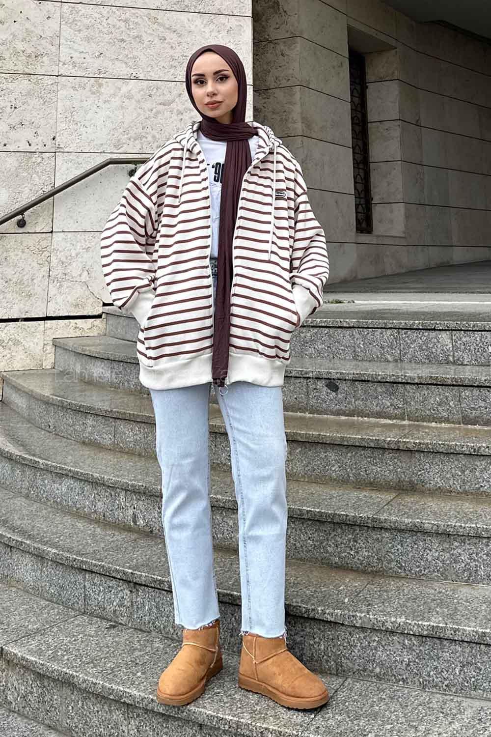 Lamelif Ön Fermuarlı Çizgili Sweatshirt Kahverengi