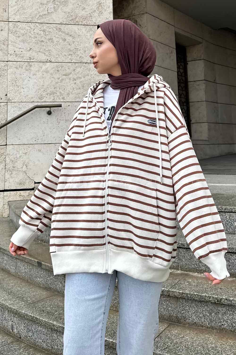 Lamelif Ön Fermuarlı Çizgili Sweatshirt Kahverengi