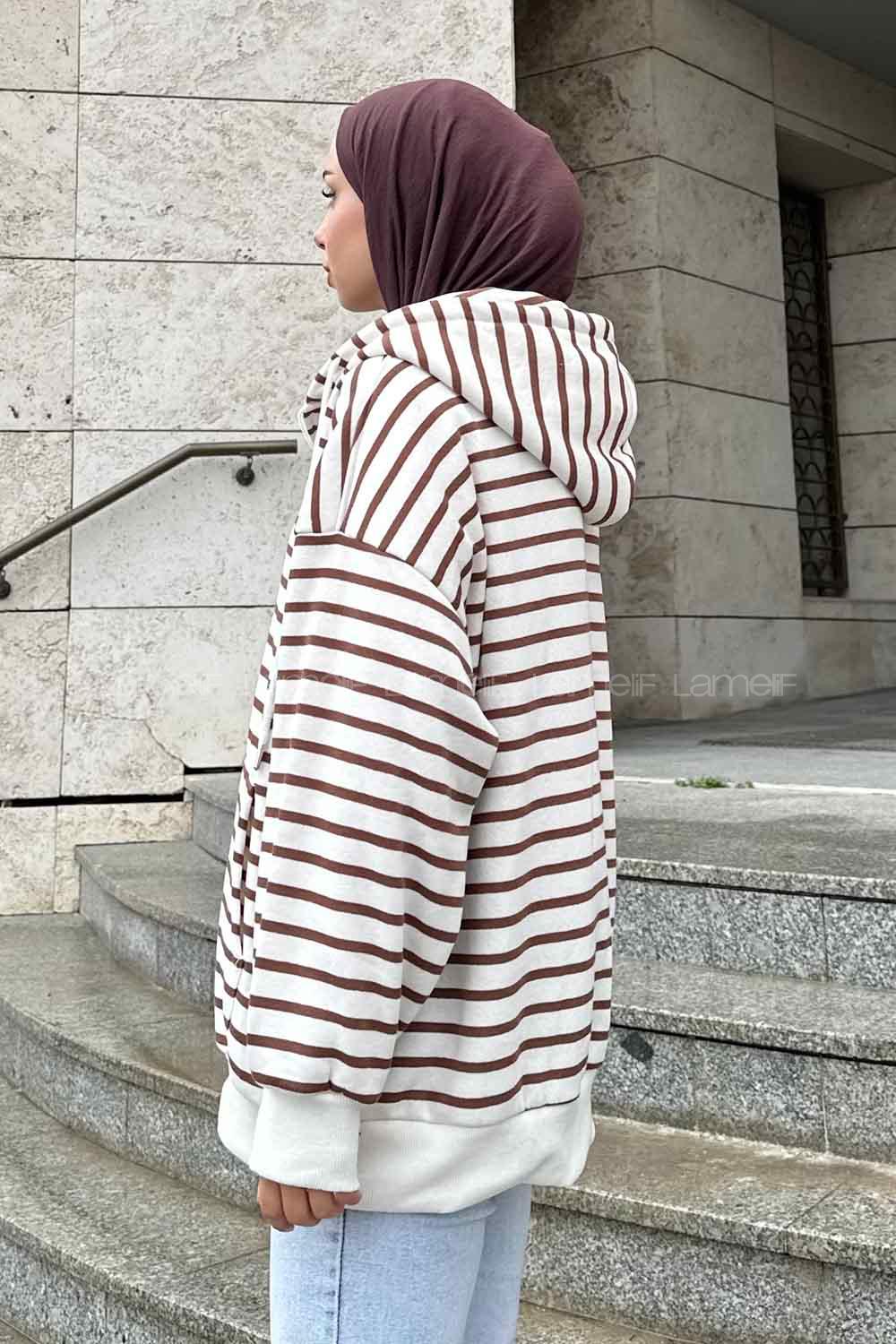 Lamelif Ön Fermuarlı Çizgili Sweatshirt Kahverengi